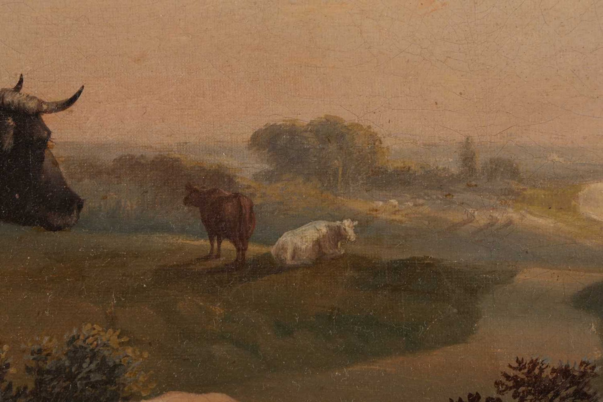 19th century British School, Cattle and sheep in a landscape with river beyond, unsigned, framed, - Bild 10 aus 15