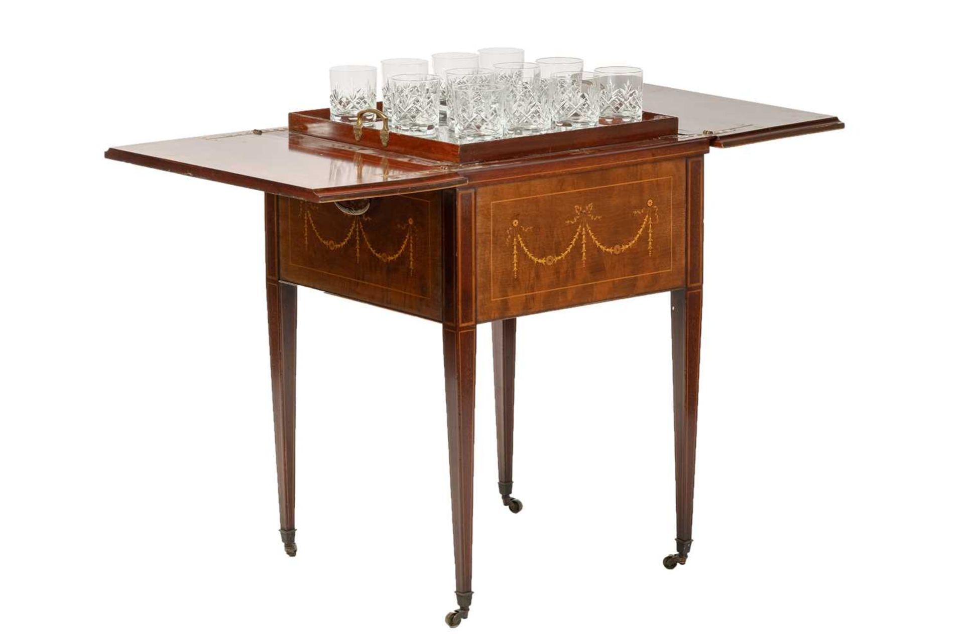 An Edwardian Maple & Co of Tottenham Court Rd, Neo-Classical marquetry inlaid mahogany drinks table,