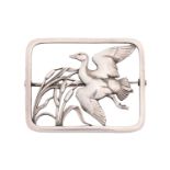 Georg Jensen - a rectangular openwork brooch, depicting a duck flying above pond bulrushes, fitted