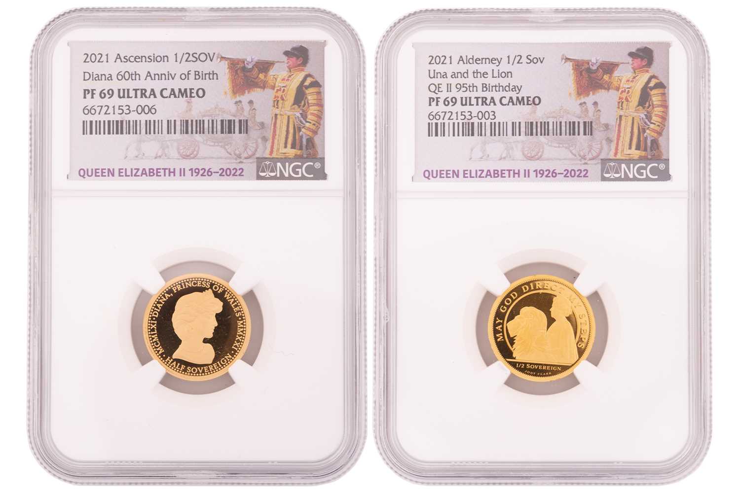 Two gold proof half sovereigns; including 'Una and the Lion' minted for Queen Elizabeth II 95th