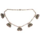 Georg Jensen - a fringe necklace set with malachite, with five foliate pendants with patinated