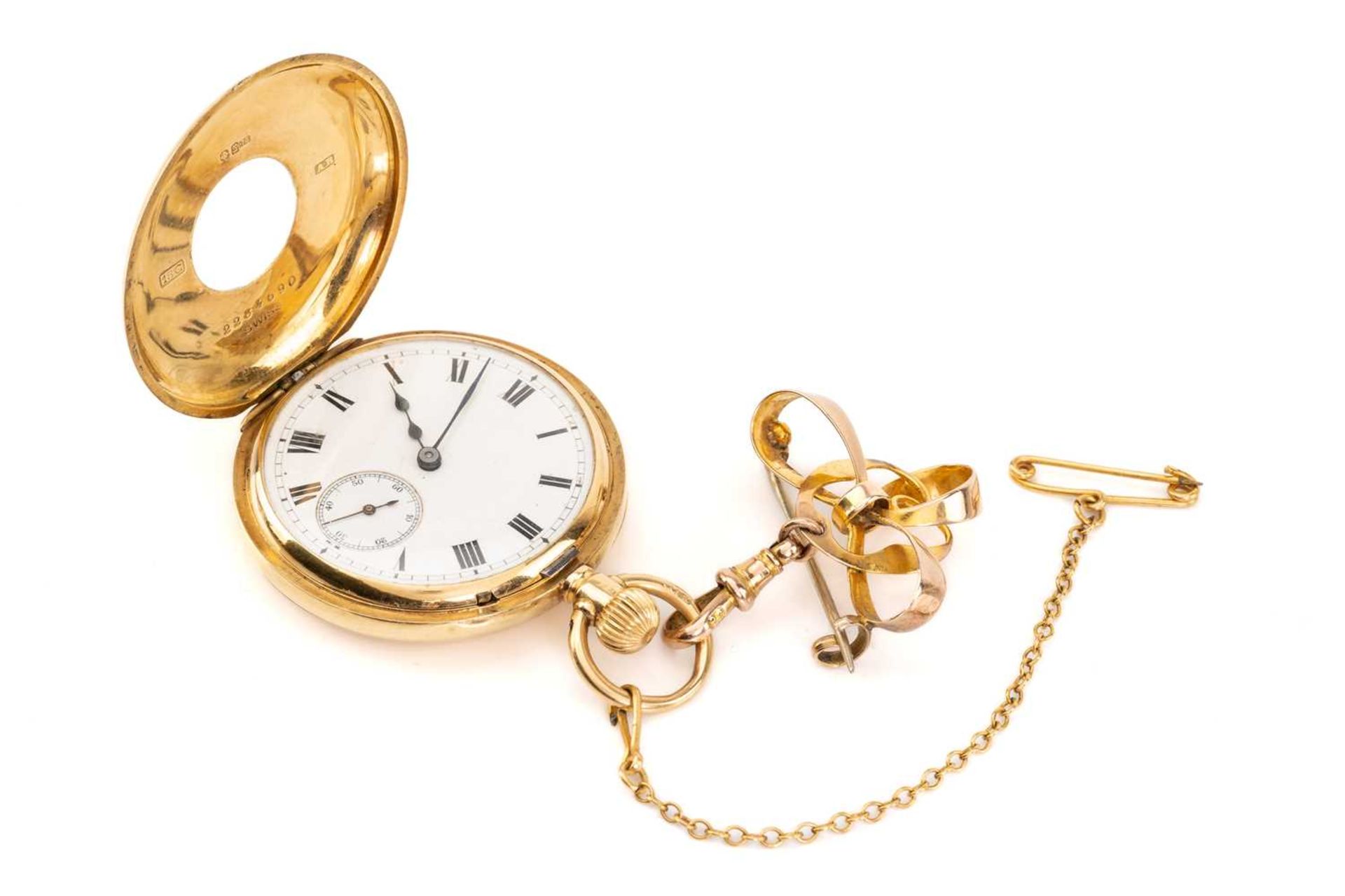 A ladies 18ct yellow gold J W Benson half hunter fob watch, with 9ct gold ribbon pendant mount,