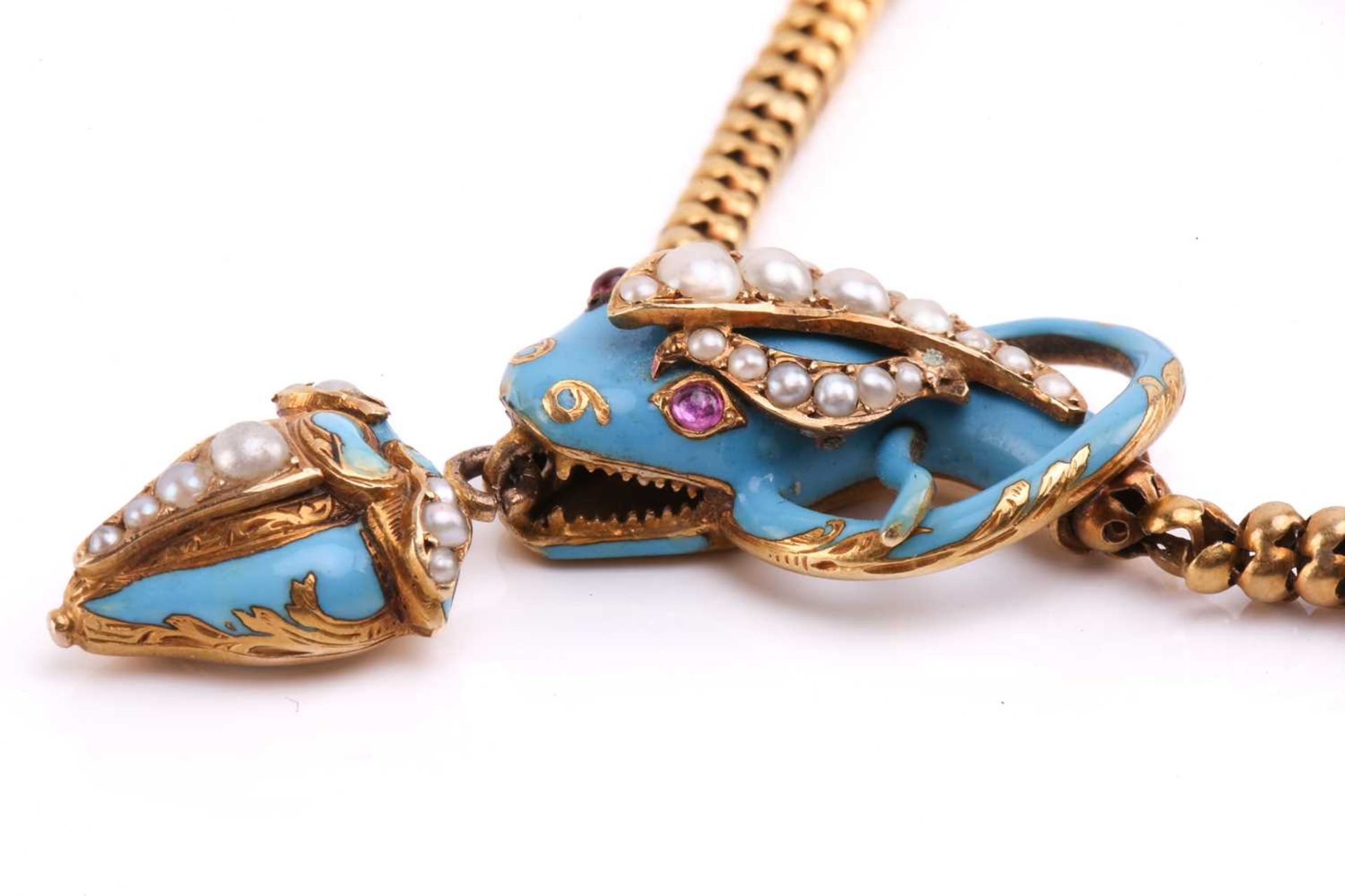 A Victorian gold, enamel, pearl and ruby snake bracelet; the head, tail and locket all with - Image 3 of 5