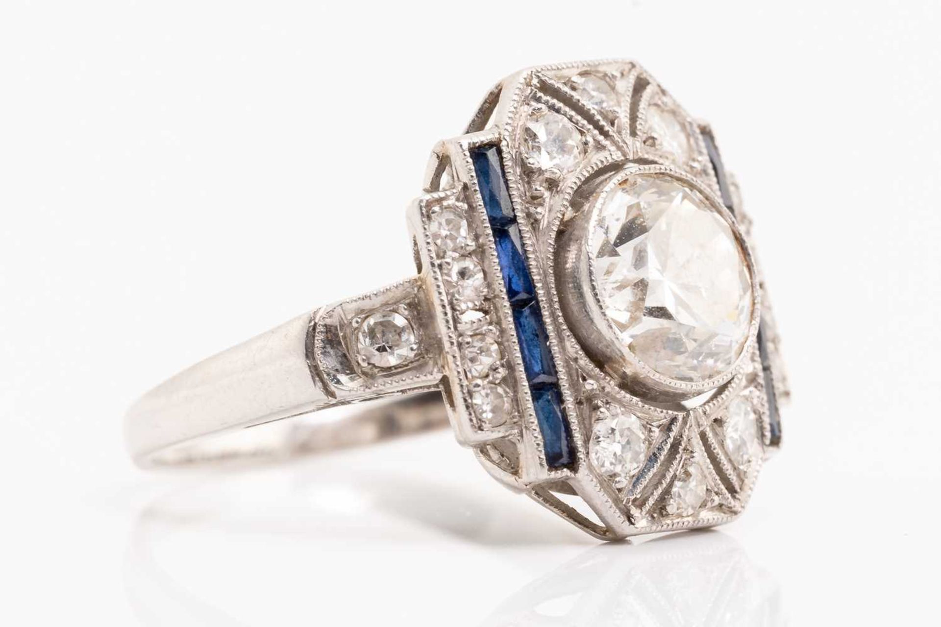An Art Deco diamond sapphire panel ring, scintillating with an old-European cut diamond of 7.0 x 7.0 - Image 5 of 5