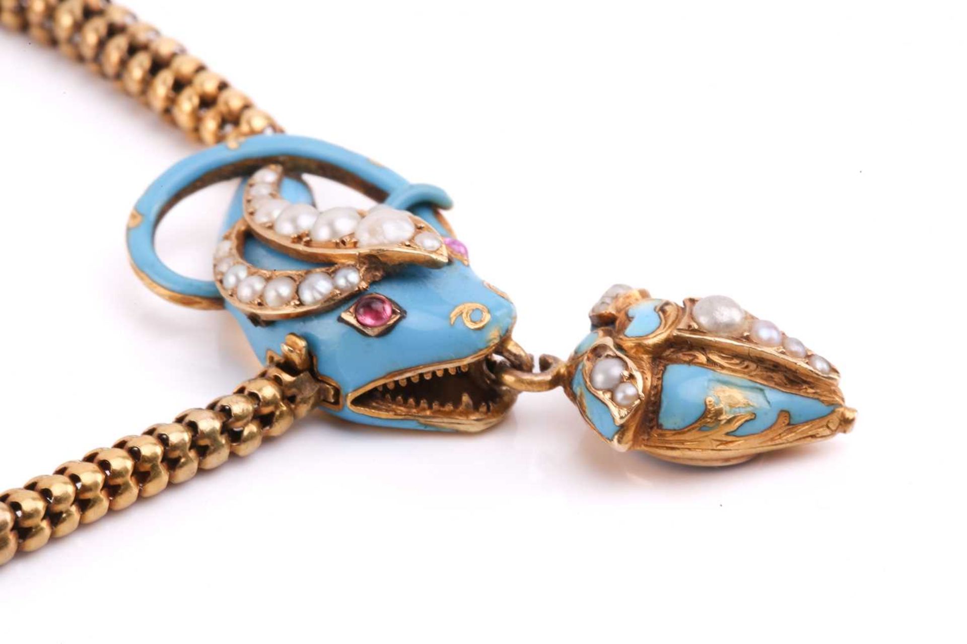 A Victorian gold, enamel, pearl and ruby snake bracelet; the head, tail and locket all with - Image 4 of 5