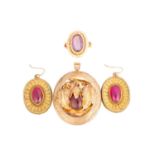 A small selection of jewellery items set with garnets and amethyst; to include an amethyst dress