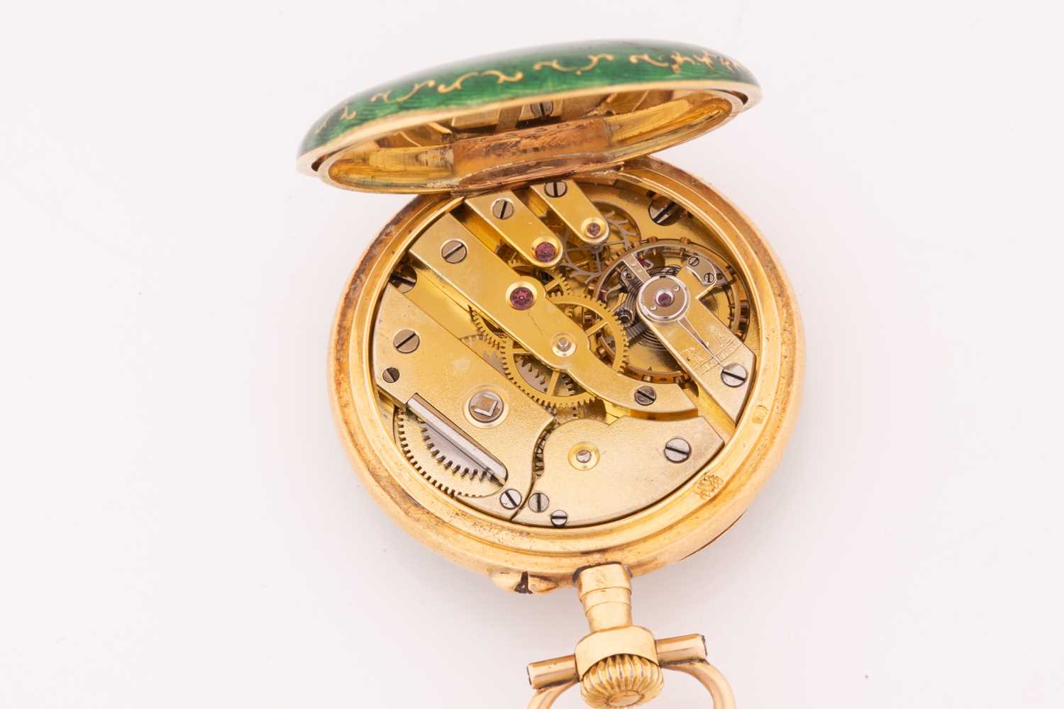 A Guilloche enamel gold open-face pocket fob watch and brooch attachment, featuring a keyless - Image 5 of 9