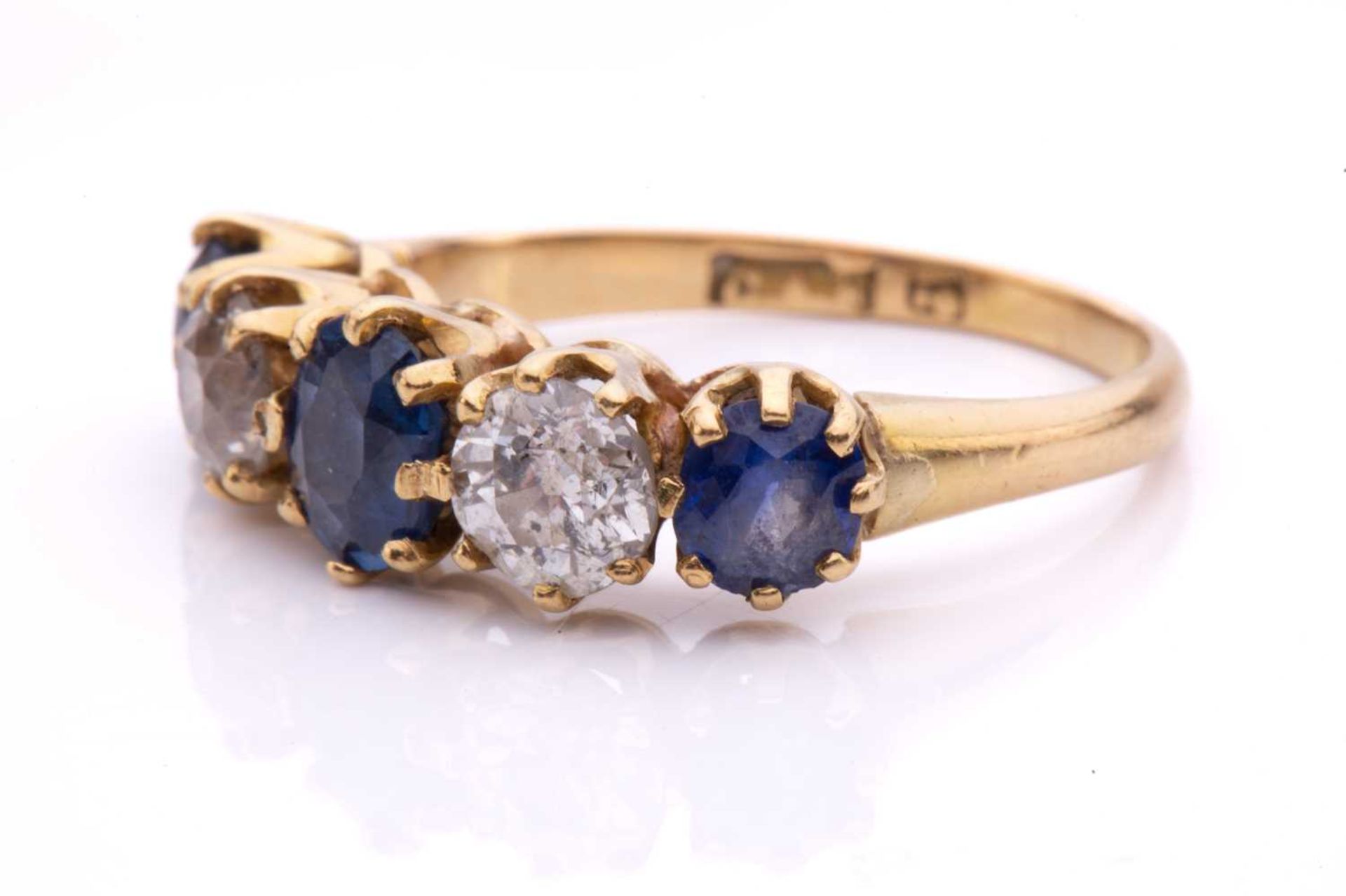 A five-stone diamond and sapphire half-hoop ring, with graduated faceted sapphires in coronet - Image 3 of 5