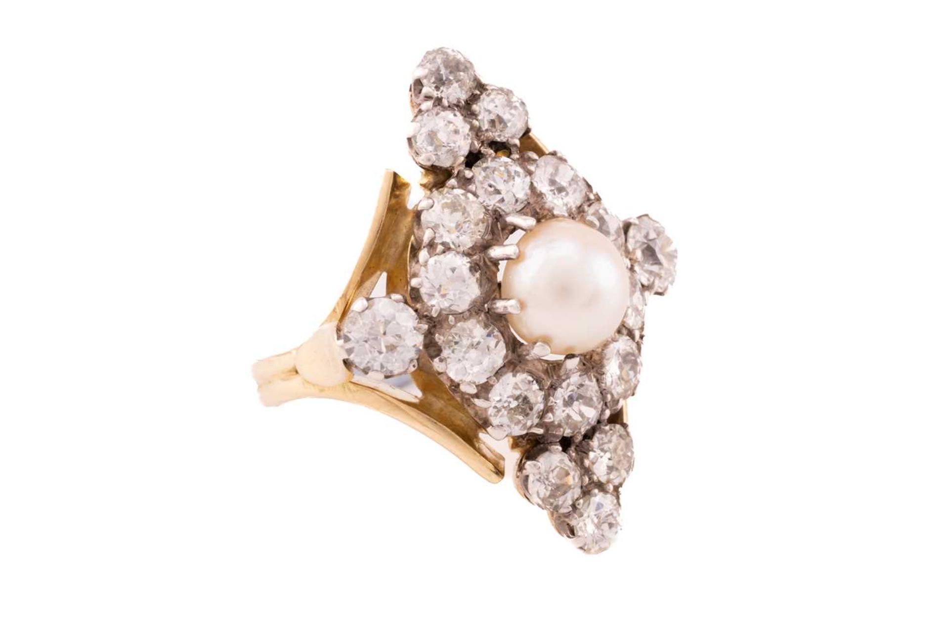 A diamond and pearl cocktail ring, the lozenge panel centred with an off-round pearl of 8.0 mm - Image 2 of 6