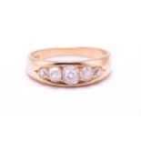 A five-stone old-cut diamond ring, scintillating with five graduated old-cut diamonds in a navette-