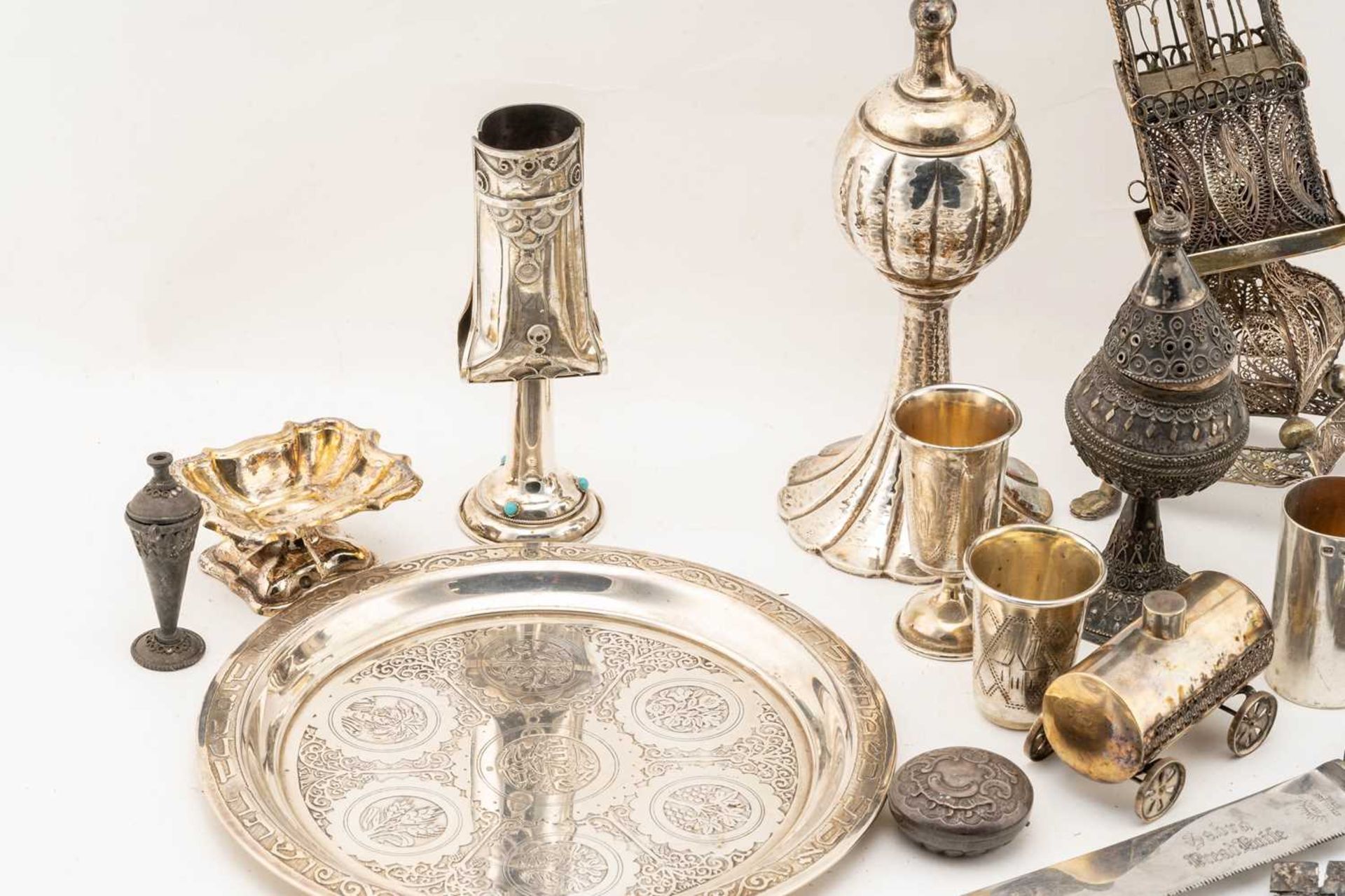 Of Judaica interest; Six turquoise-set kiddish cups, a possibly Russian filigree silver Besamim - Image 8 of 19