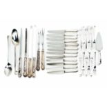 A mixed collection of modern silver flatware, including two Hanoverian Rats Tailbasting spoons,