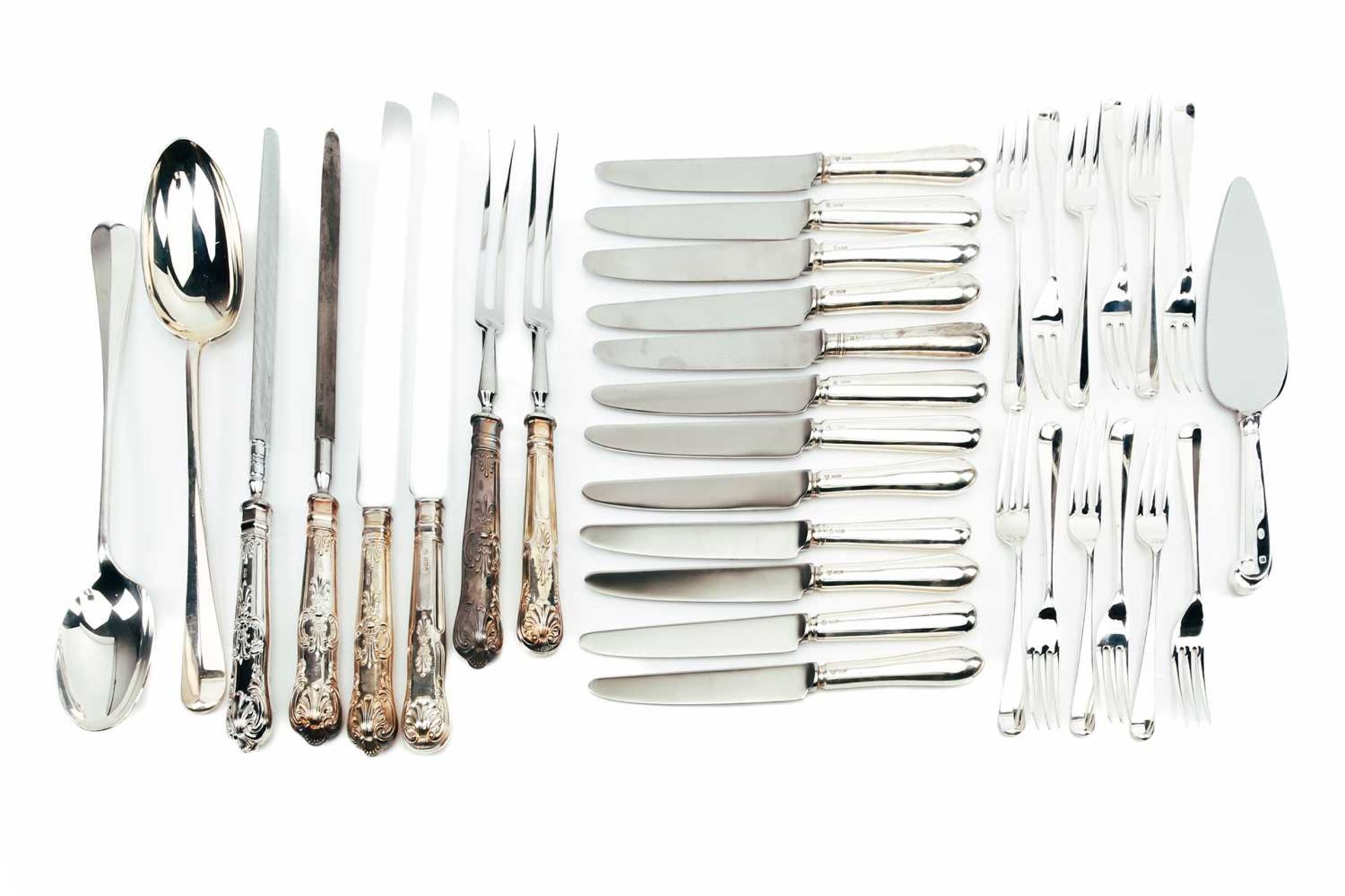 A mixed collection of modern silver flatware, including two Hanoverian Rats Tailbasting spoons,