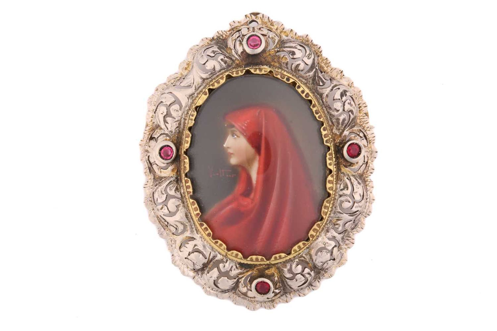 A miniature portrait brooch, depicting Saint Fabiola, after Jean-Jacques Henner, enamel painted on