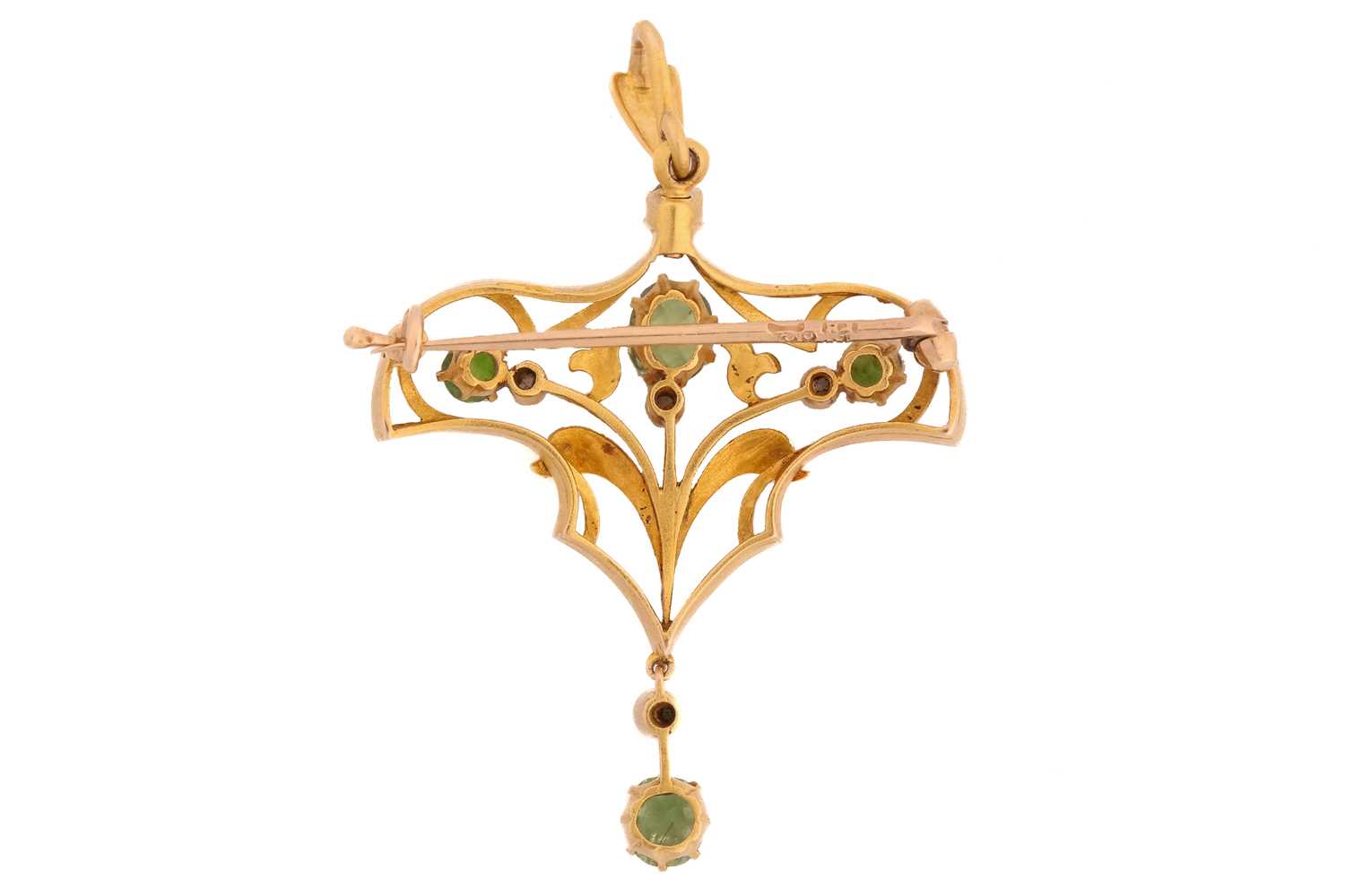 An early 20th-century Russian pendant brooch set with diamonds and demantoid garnets, of floral - Image 2 of 3