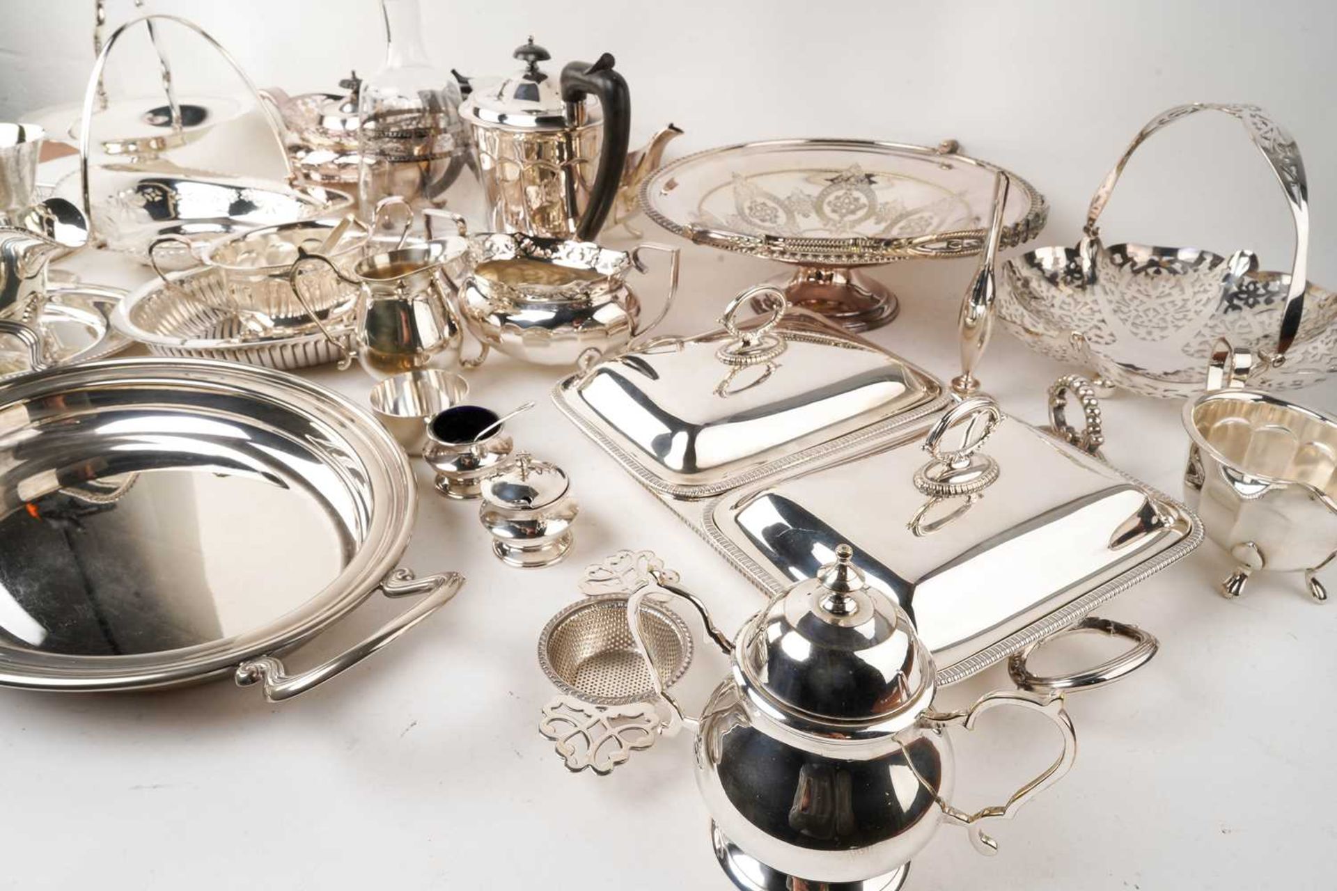 A large collection of silver plate including a three-piece tea set with pierced bands, various - Image 3 of 13