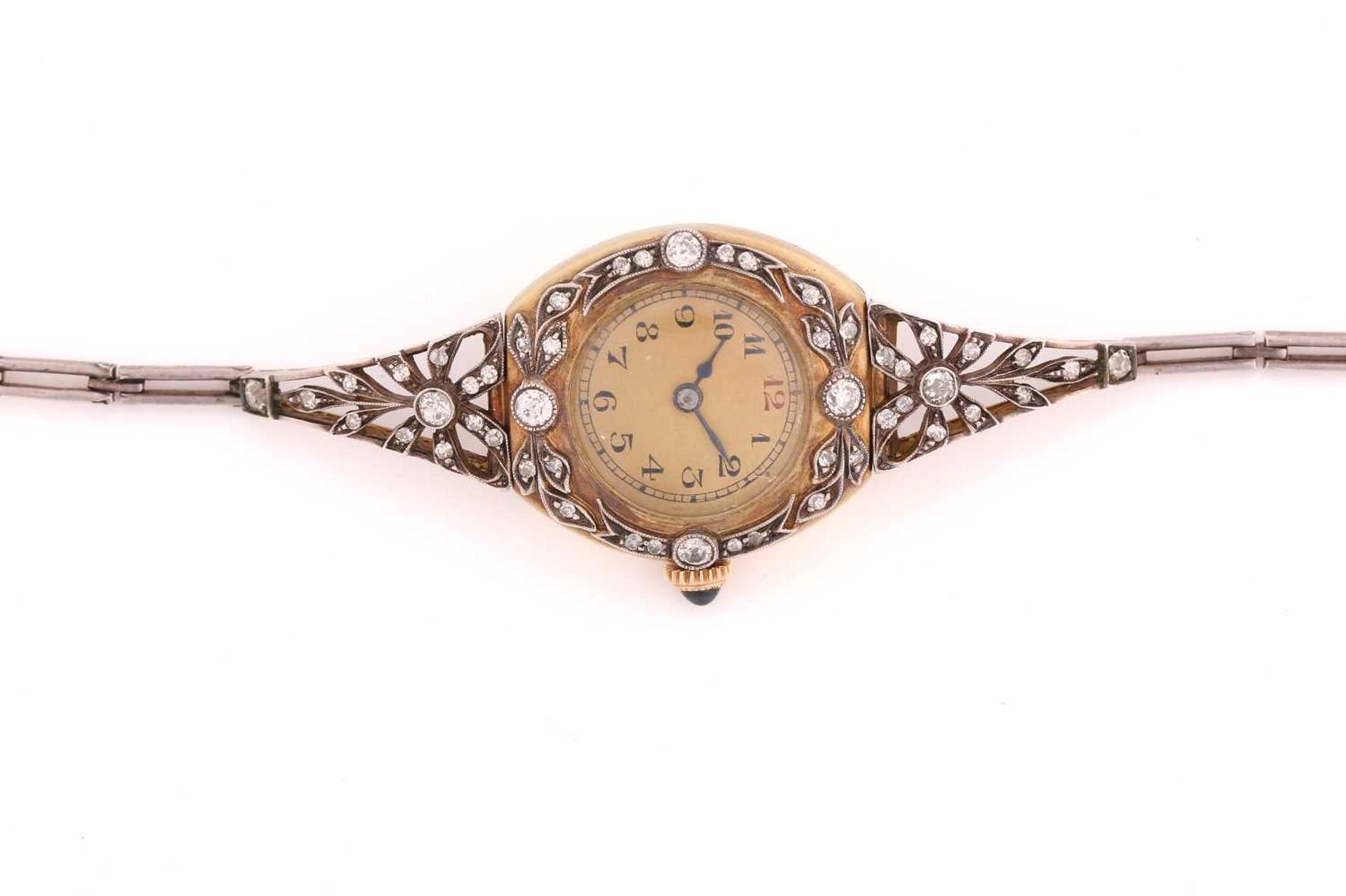 An early 20th century Russian ladies gold and diamond set wristwatch, the silvered dial with - Bild 2 aus 4