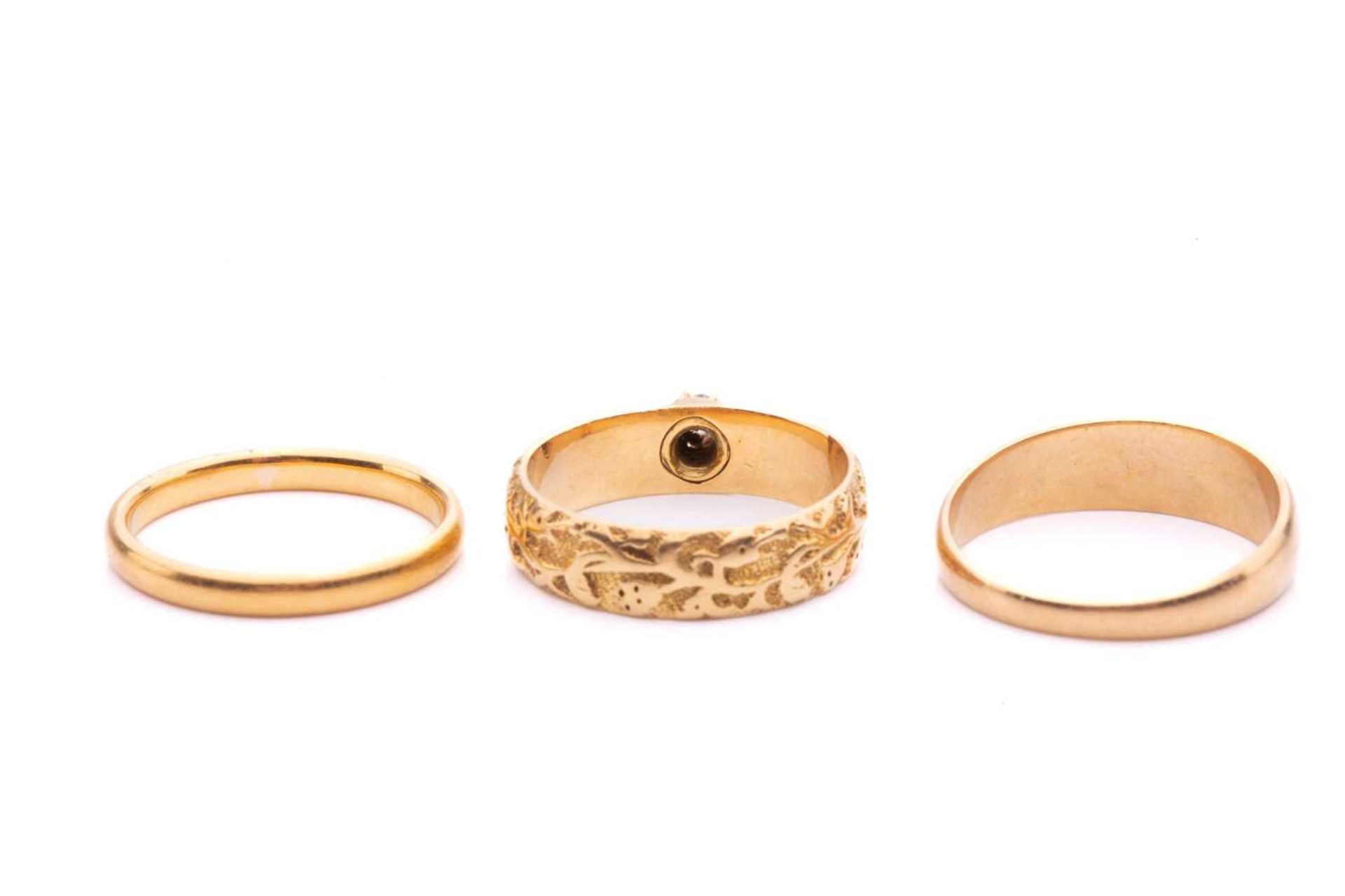 Two Victorian gem-set rings and a 22ct gold wedding band; including an old-cut diamond solitaire - Image 4 of 5