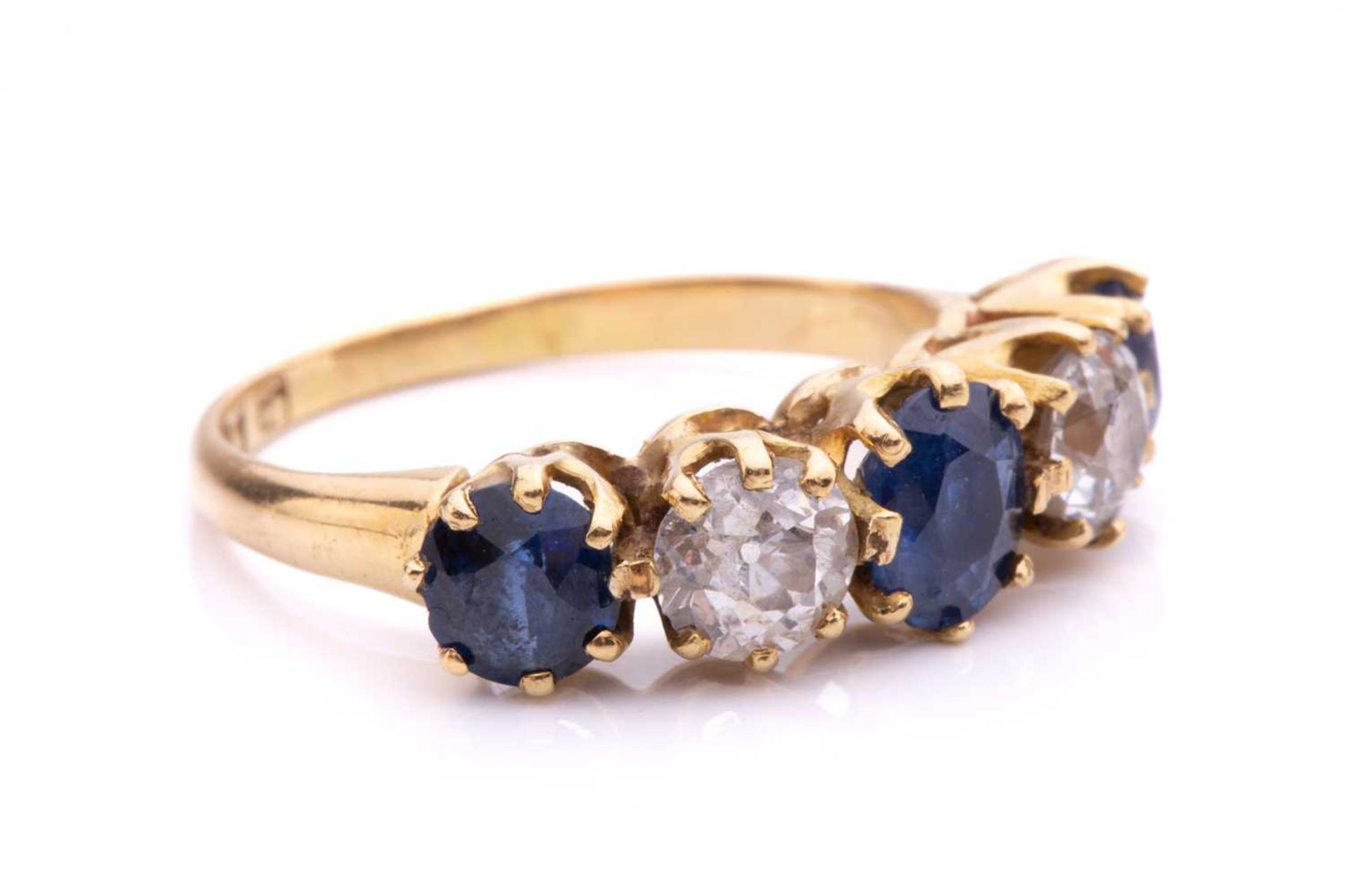 A five-stone diamond and sapphire half-hoop ring, with graduated faceted sapphires in coronet - Image 2 of 5