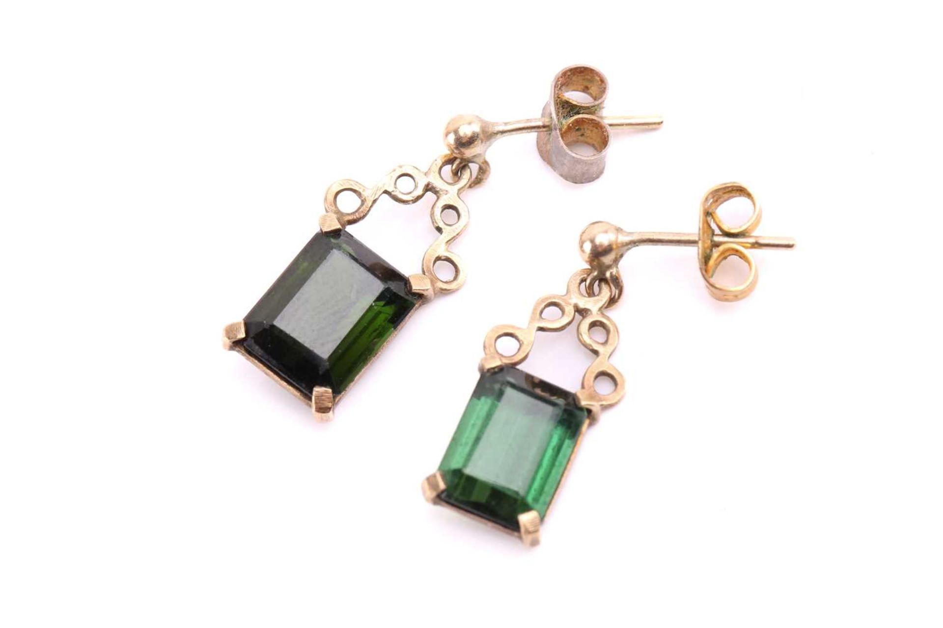 Four pairs of gem-set earrings; including a pair of 9ct gold drop earrings set with pink stones; a - Image 3 of 4