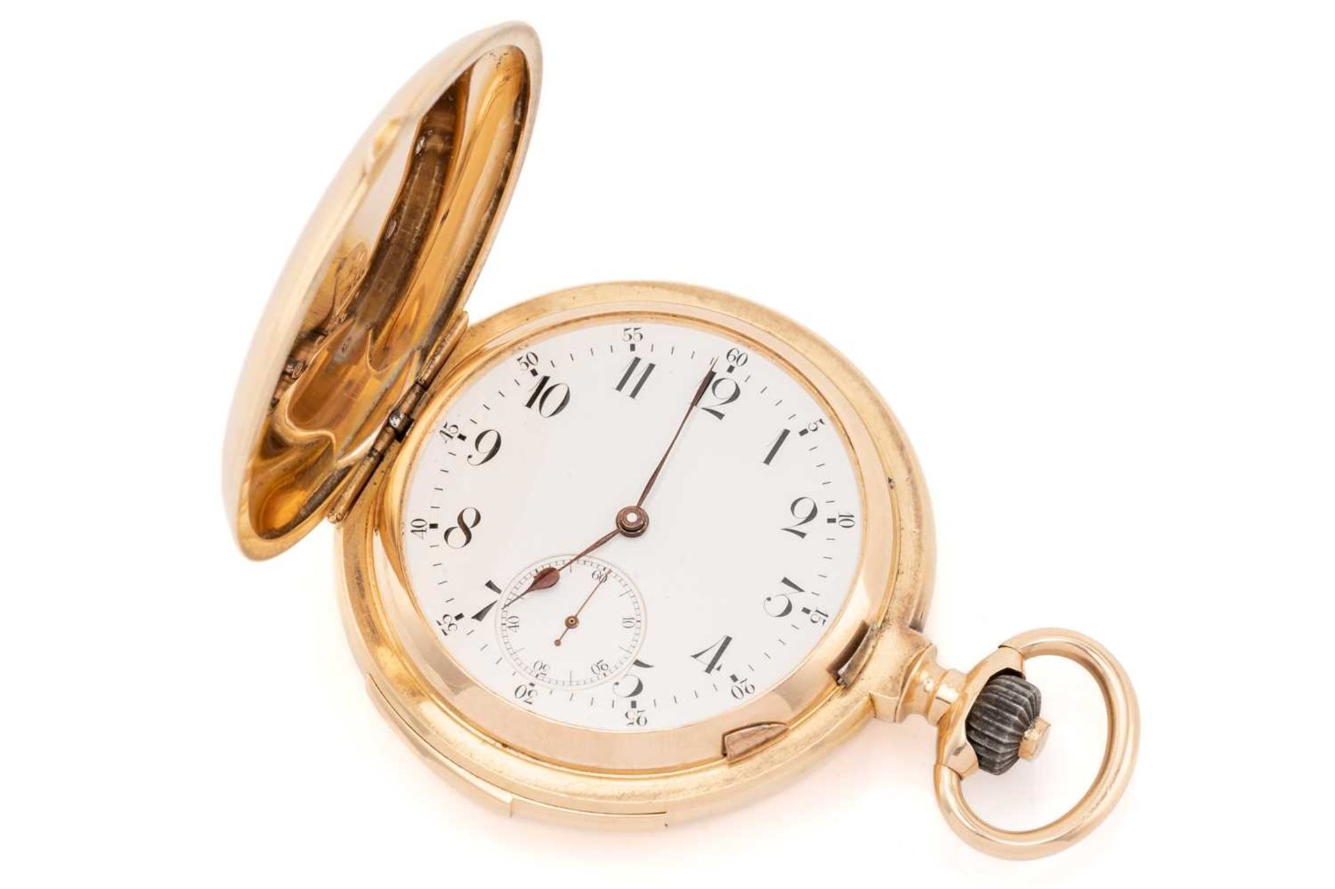 An 18ct yellow gold minute repeater full hunter pocket watch, the white enamel dial with black - Bild 7 aus 10