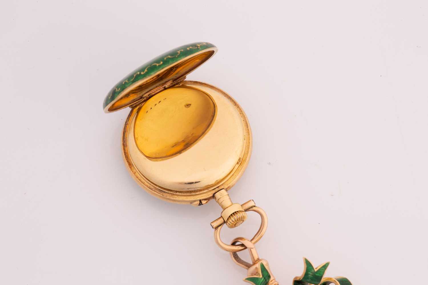 A Guilloche enamel gold open-face pocket fob watch and brooch attachment, featuring a keyless - Image 8 of 9