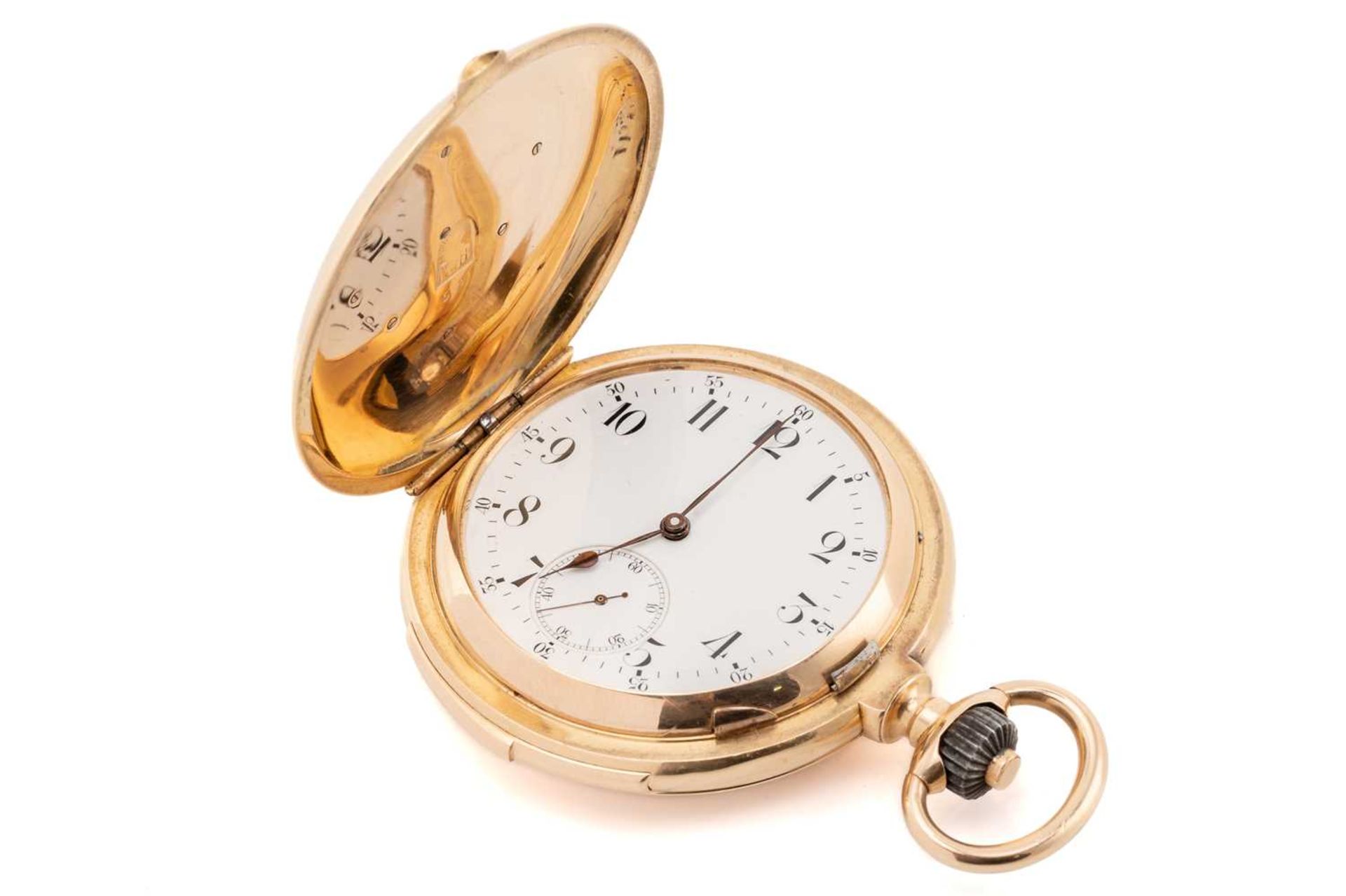 An 18ct yellow gold minute repeater full hunter pocket watch, the white enamel dial with black