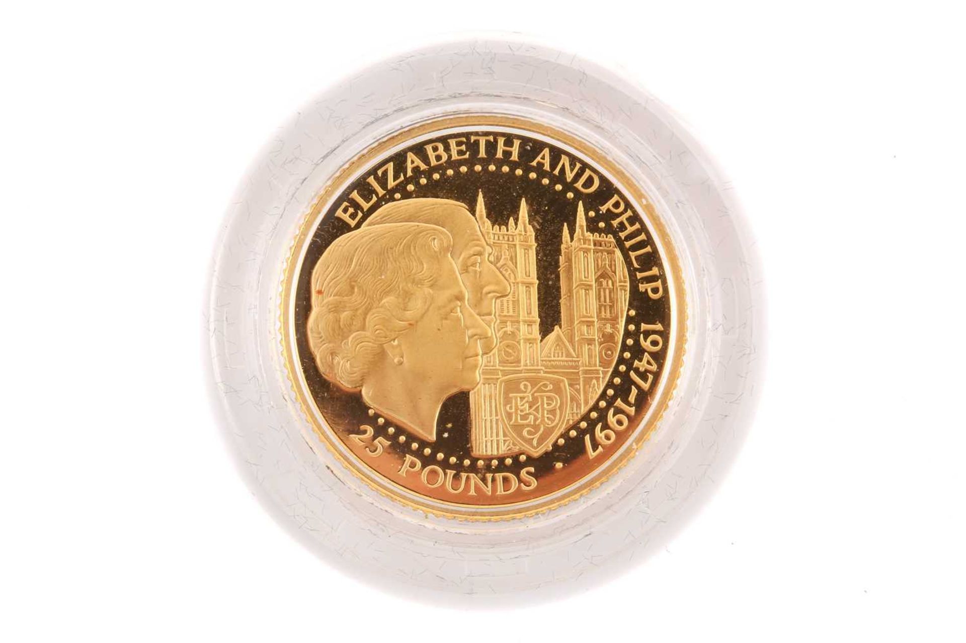 A 1997 Guernsey gold proof £25 coin, minted to celebrate the Golden Wedding Anniversary of Queen