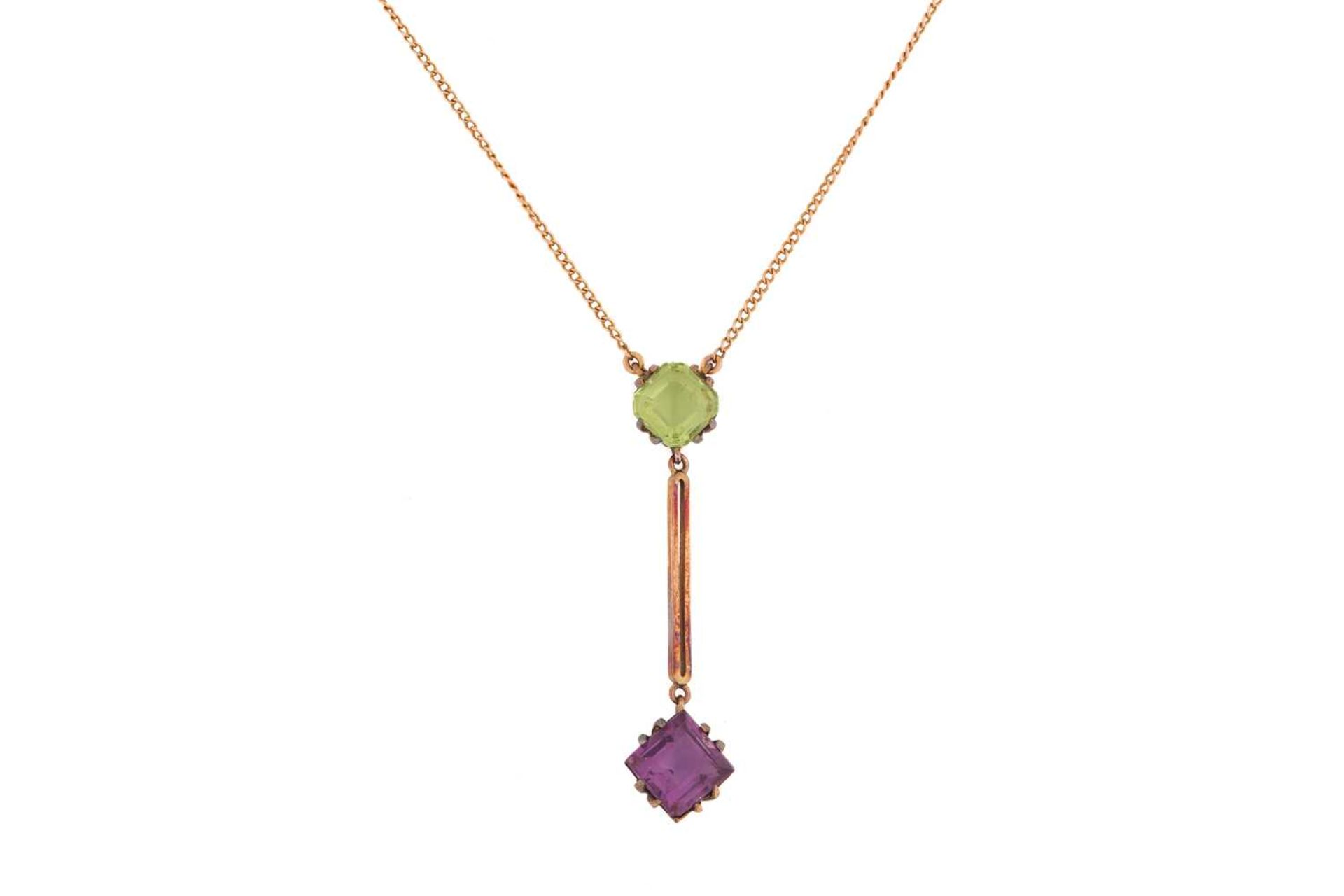 A lavalier necklace set with green and purple paste, the pendant comprises a square step-cut
