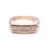 A 5-stone diamond set bar ring, with 5 channel set round brilliant cut diamonds measuring 3.5mm each