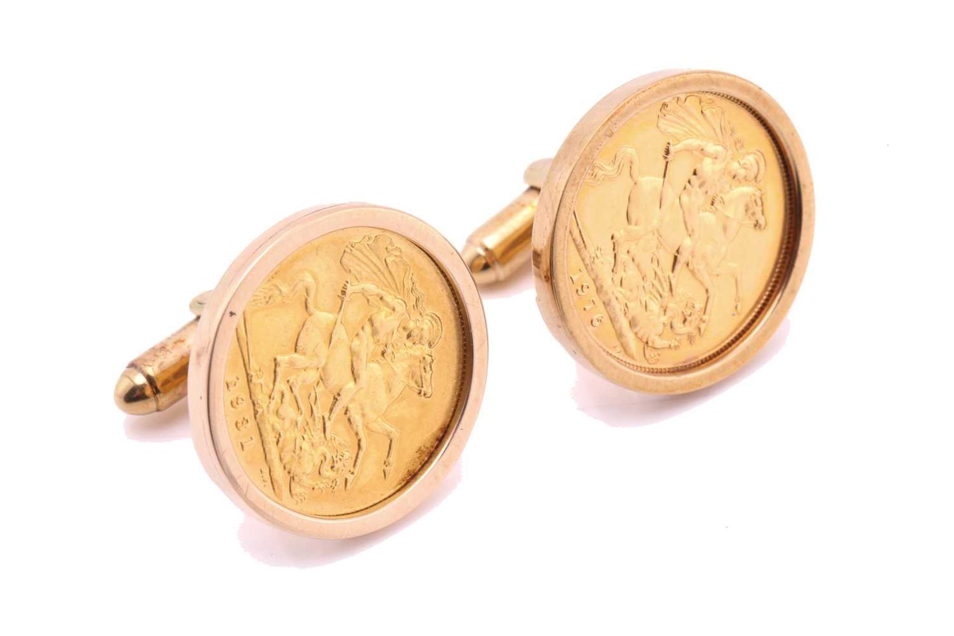 A pair of sovereign coin cufflinks, comprising a 1931 King George V full sovereign, and a 1976 Queen