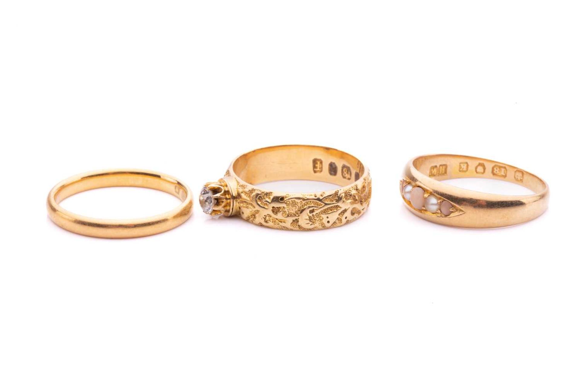 Two Victorian gem-set rings and a 22ct gold wedding band; including an old-cut diamond solitaire - Image 2 of 5