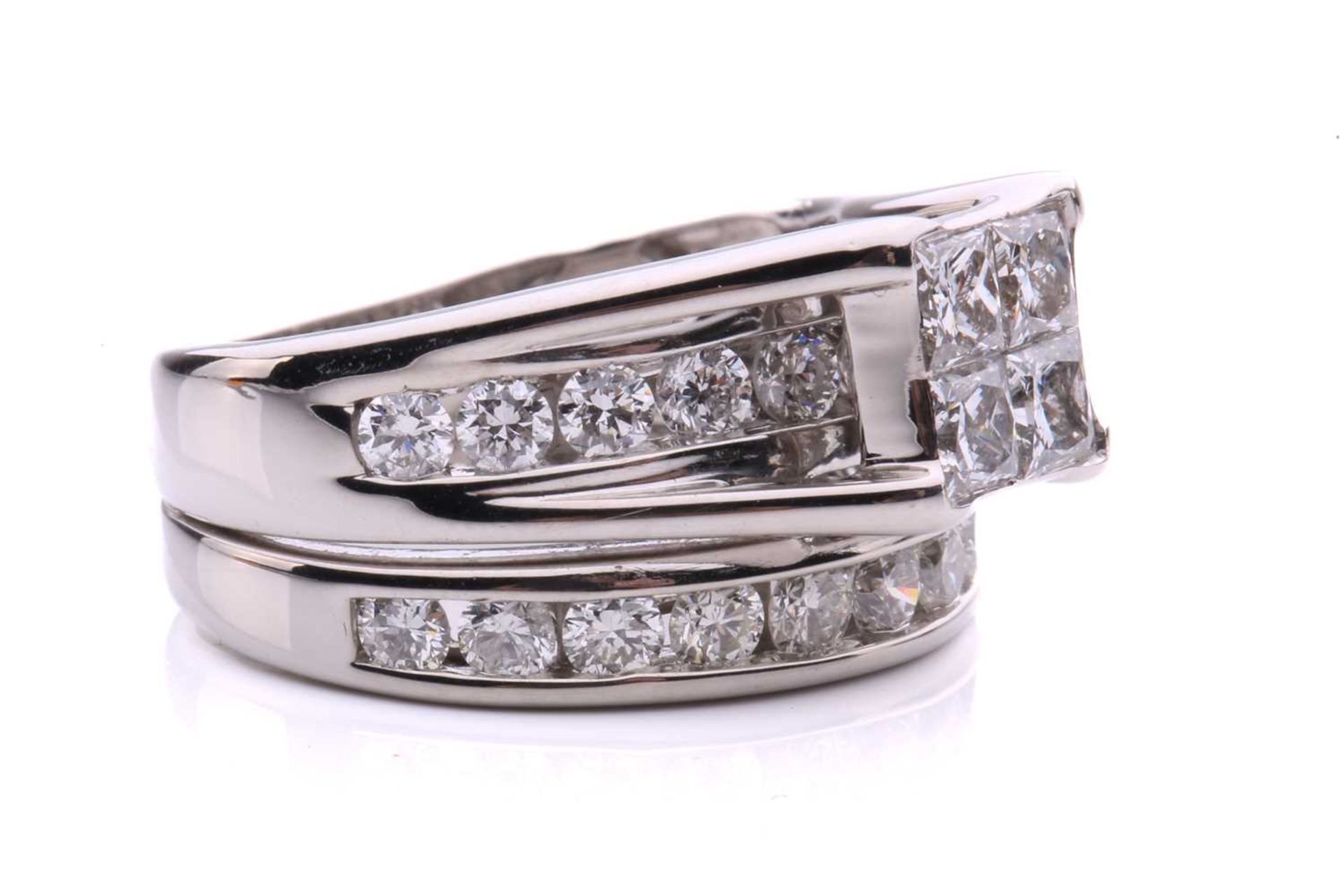A diamond set bridal set rings, with 4 illusion set princess cut diamonds with an under hoop channel - Image 6 of 8