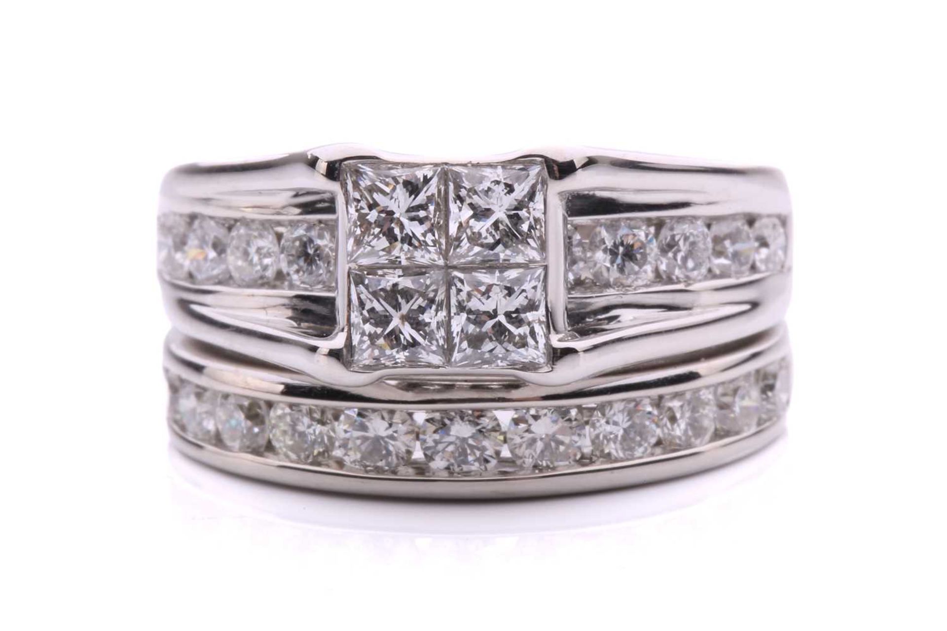 A diamond set bridal set rings, with 4 illusion set princess cut diamonds with an under hoop channel - Image 7 of 8