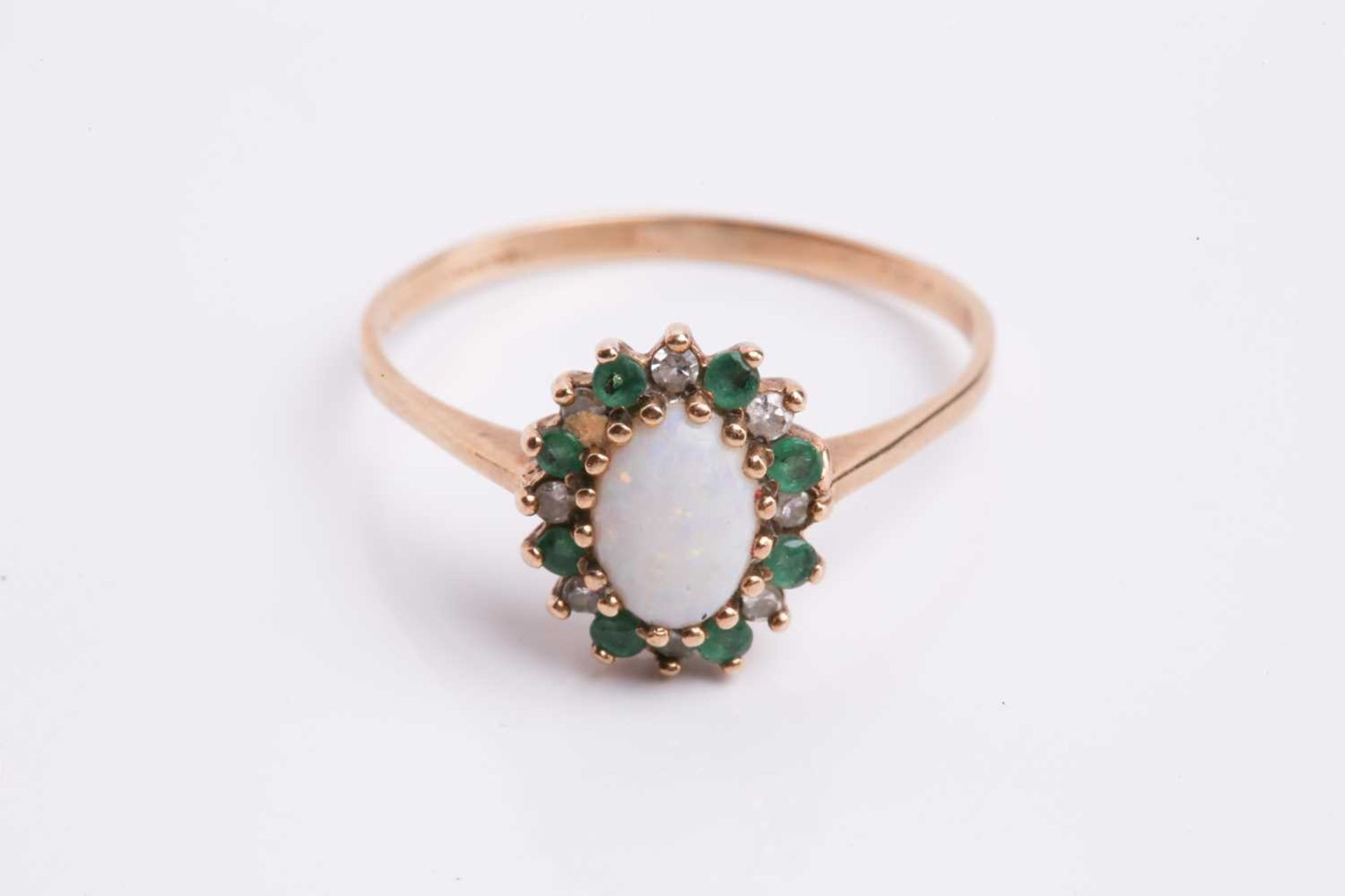 An opal and emerald cluster ring; a lady’s 9 carat rose gold wristwatch on 9 carat gold textured - Image 2 of 10