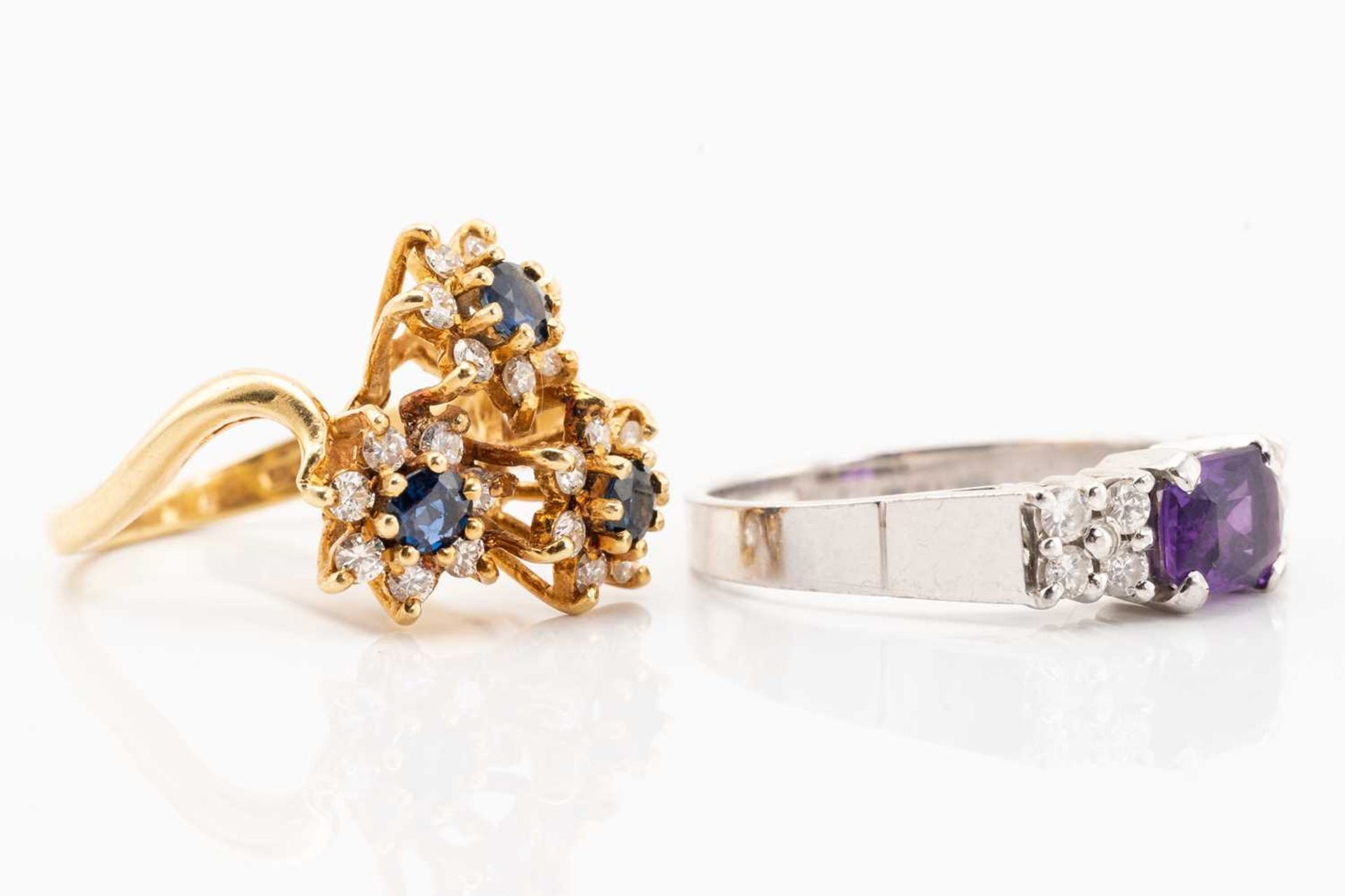 A triple cluster sapphire and diamond cluster ring, comprising three seven stone flower head - Image 2 of 6