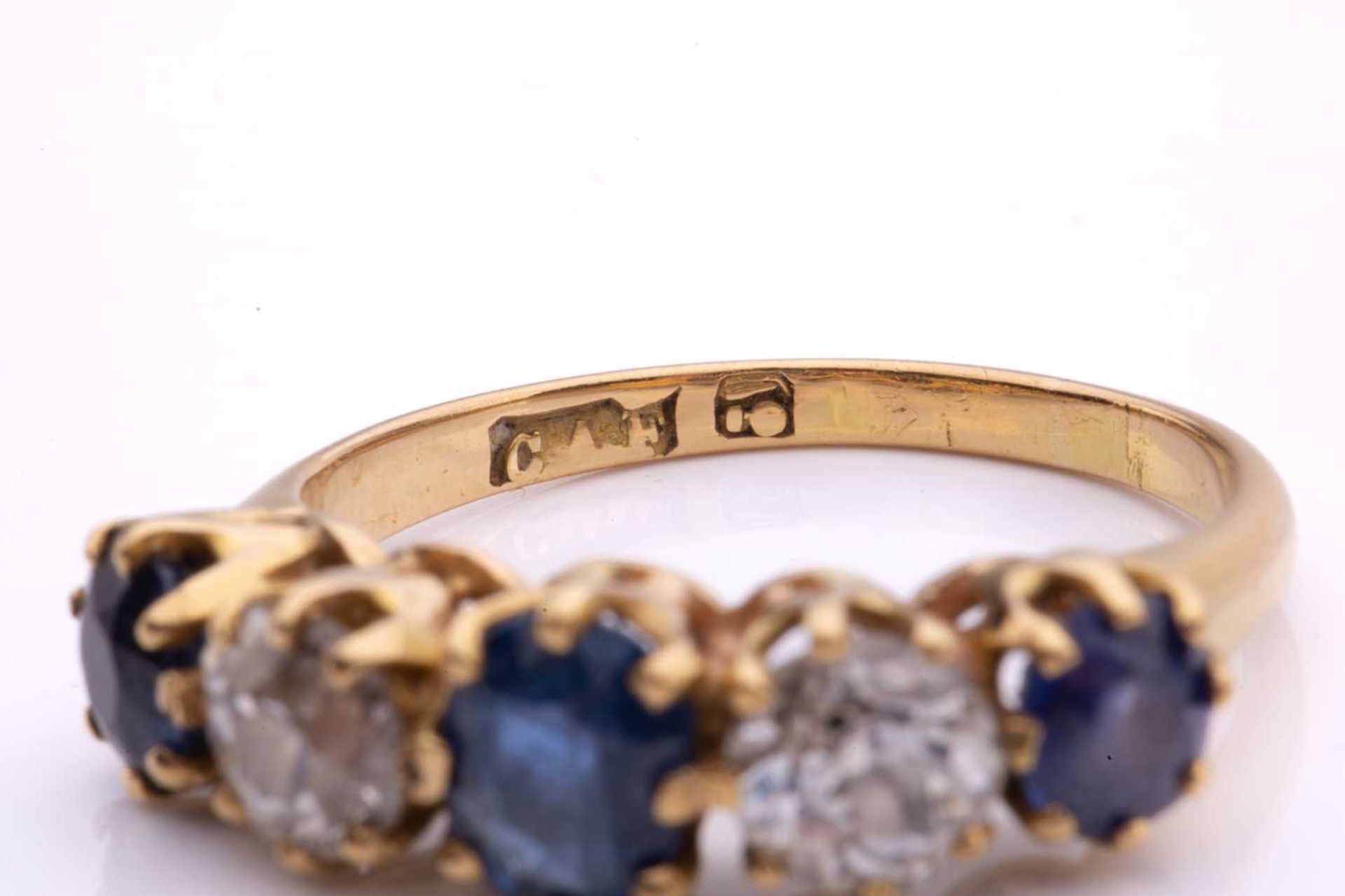 A five-stone diamond and sapphire half-hoop ring, with graduated faceted sapphires in coronet - Image 5 of 5