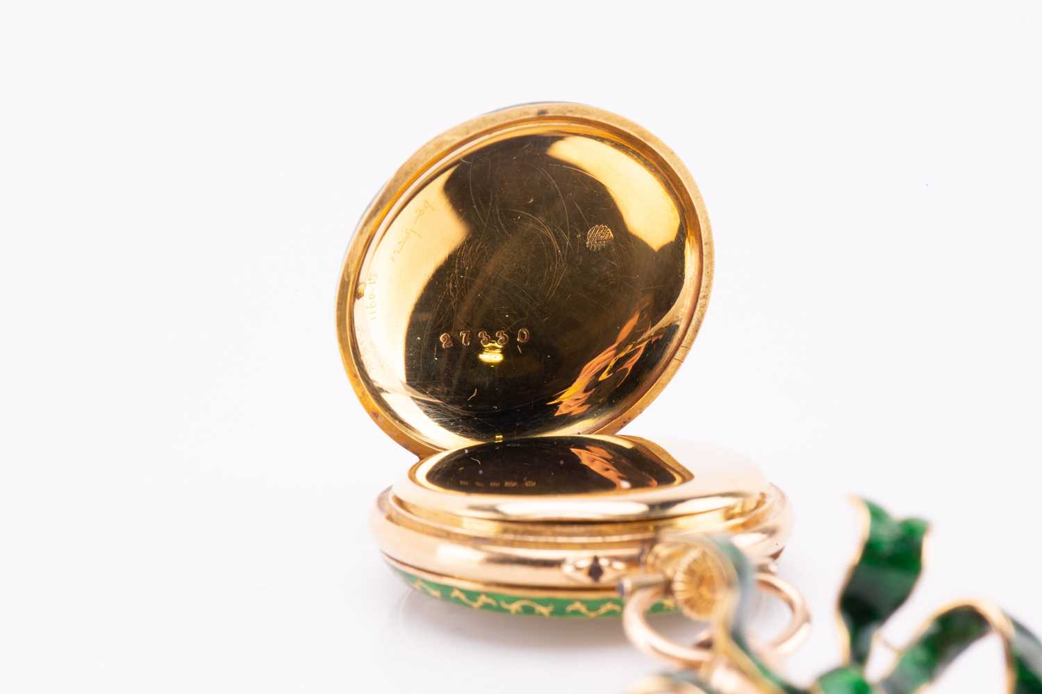 A Guilloche enamel gold open-face pocket fob watch and brooch attachment, featuring a keyless - Image 7 of 9