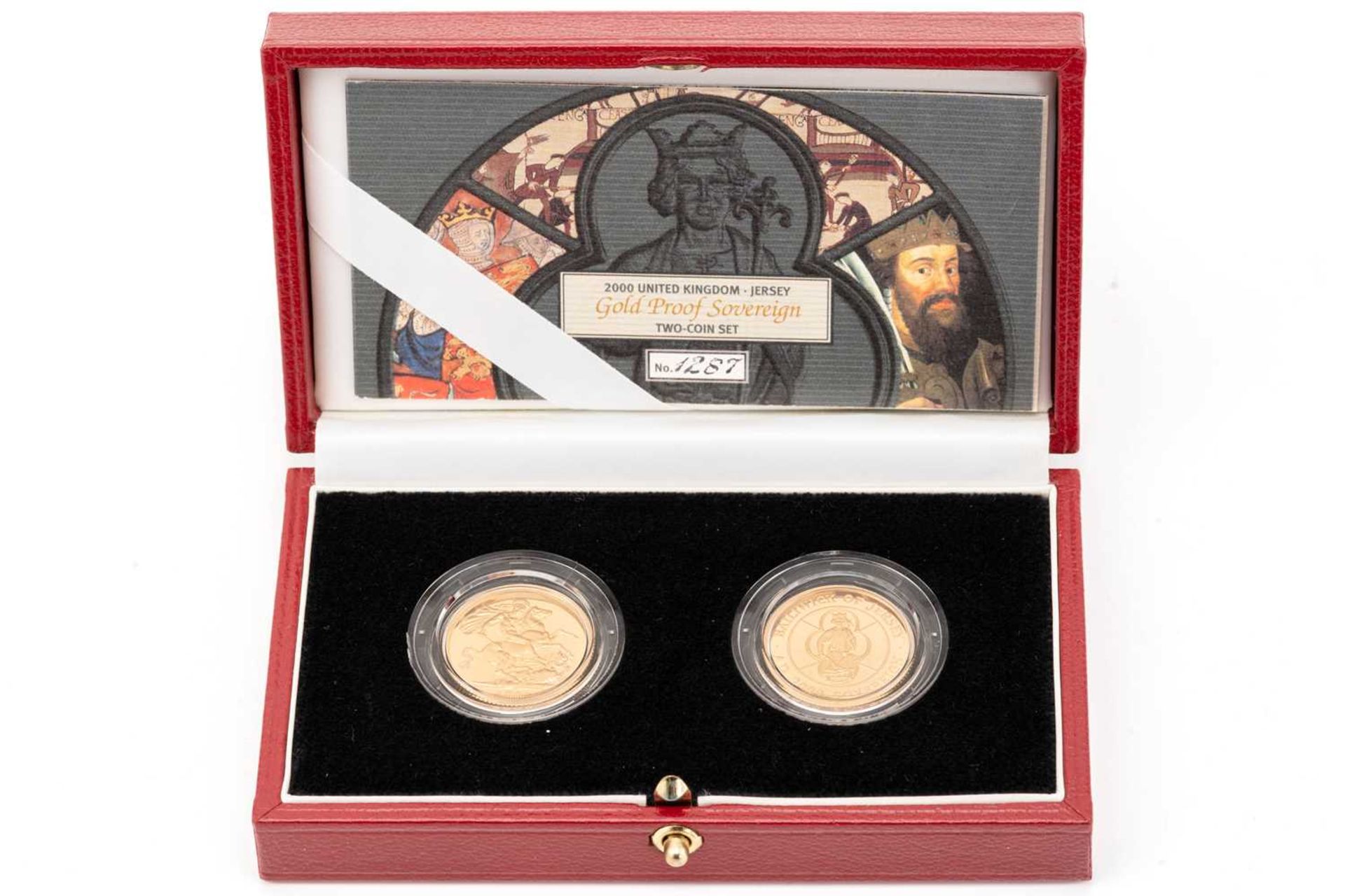 A 2000 United Kingdom gold proof two coin Jersey sovereign set; dated 2000. Number 1287 of a limited