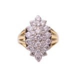 A diamond cluster dress ring, the navette-shaped ring head fully encrusted with brilliant-cut