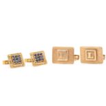 A pair of 18 carat gold and sapphire cufflinks; composed of square panels centrally set with nine