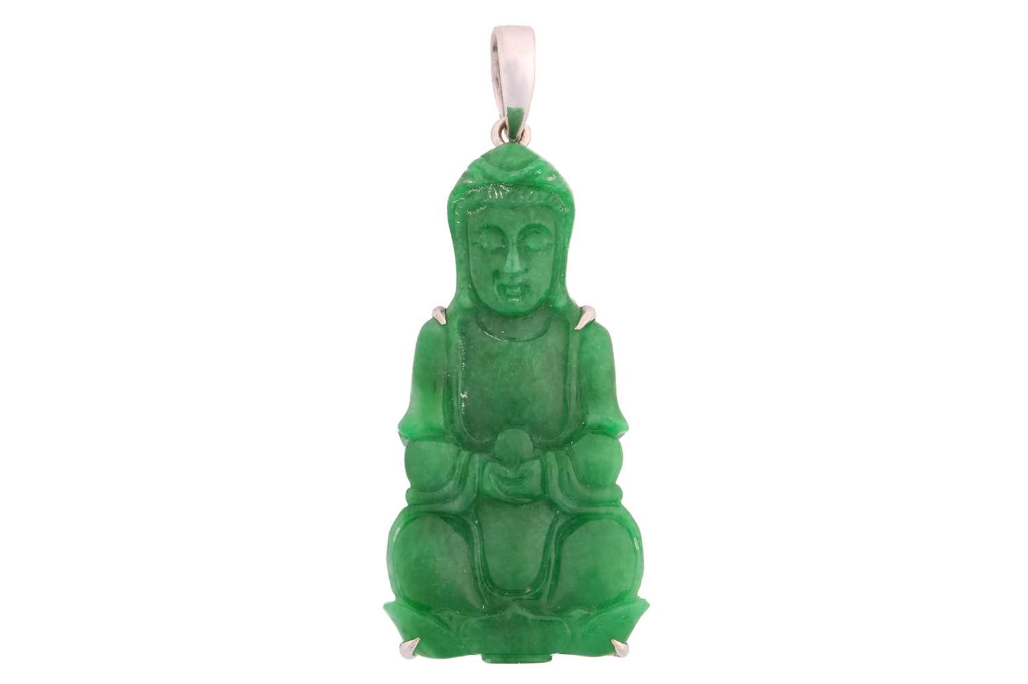 A Chinese carved jadeite Buddha pendant, depicting Shakyamuni Buddha performing Dhyana mudra on a