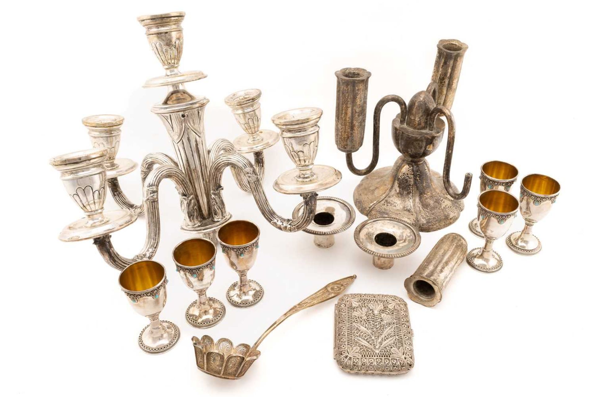 Of Judaica interest; Six turquoise-set kiddish cups, a possibly Russian filigree silver Besamim - Image 2 of 19