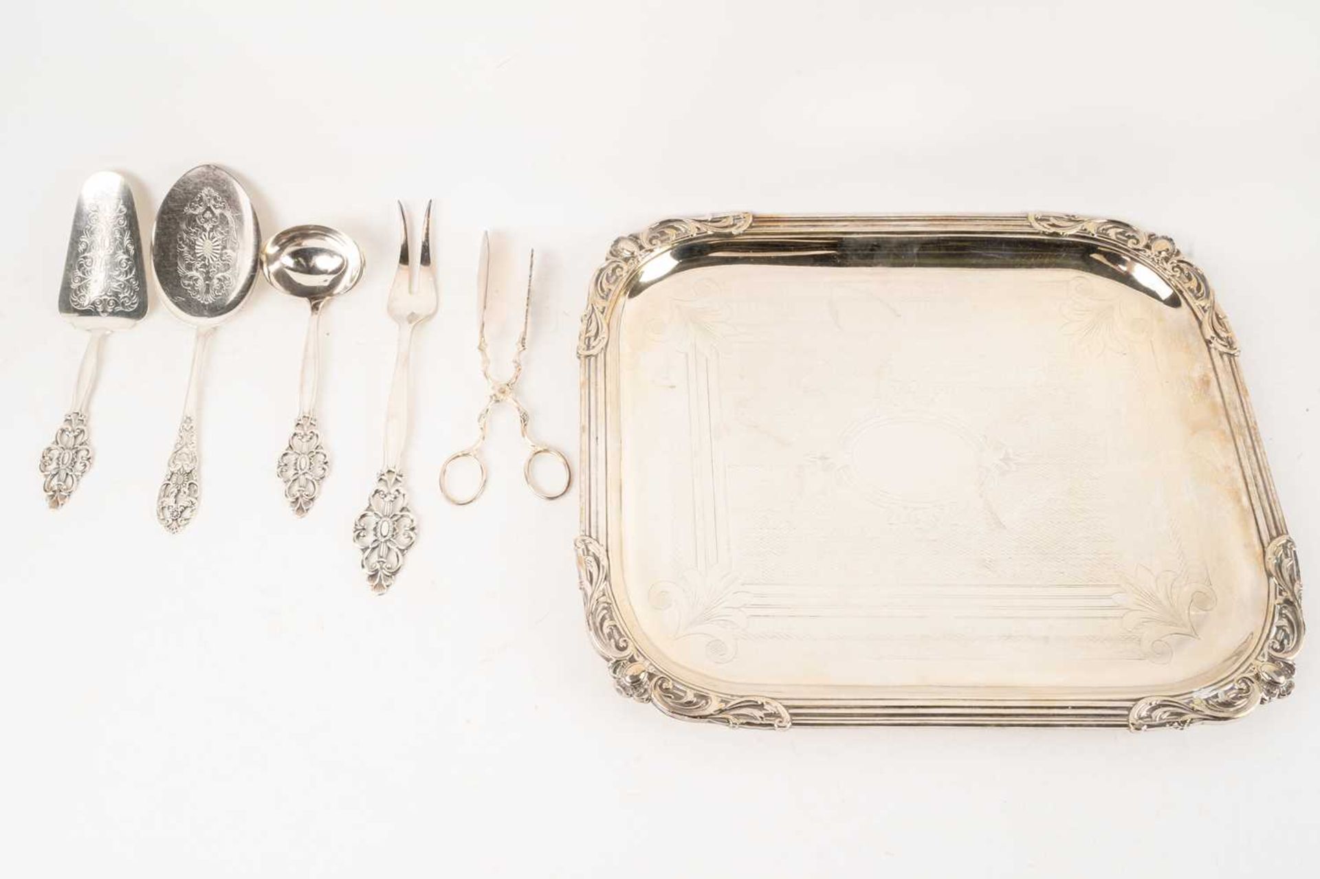 A composite set of Norwegian silver plated flatware; consisting of a rectangular serving platter, - Image 4 of 22