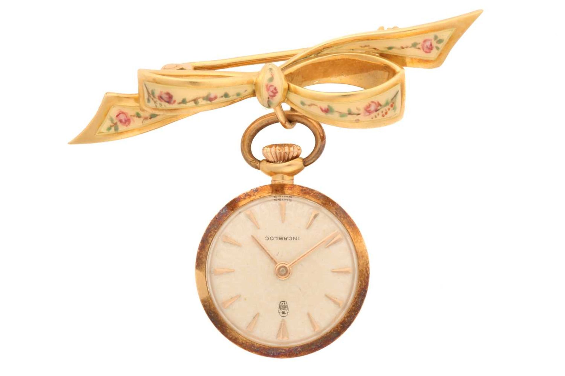 A ladies yellow gold cased Gobri Incabloc fob watch and enamel bow brooch, the watch case