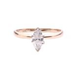 A marquise cut diamond single stone ring with a single claw set marquise cut diamond measuring 8.