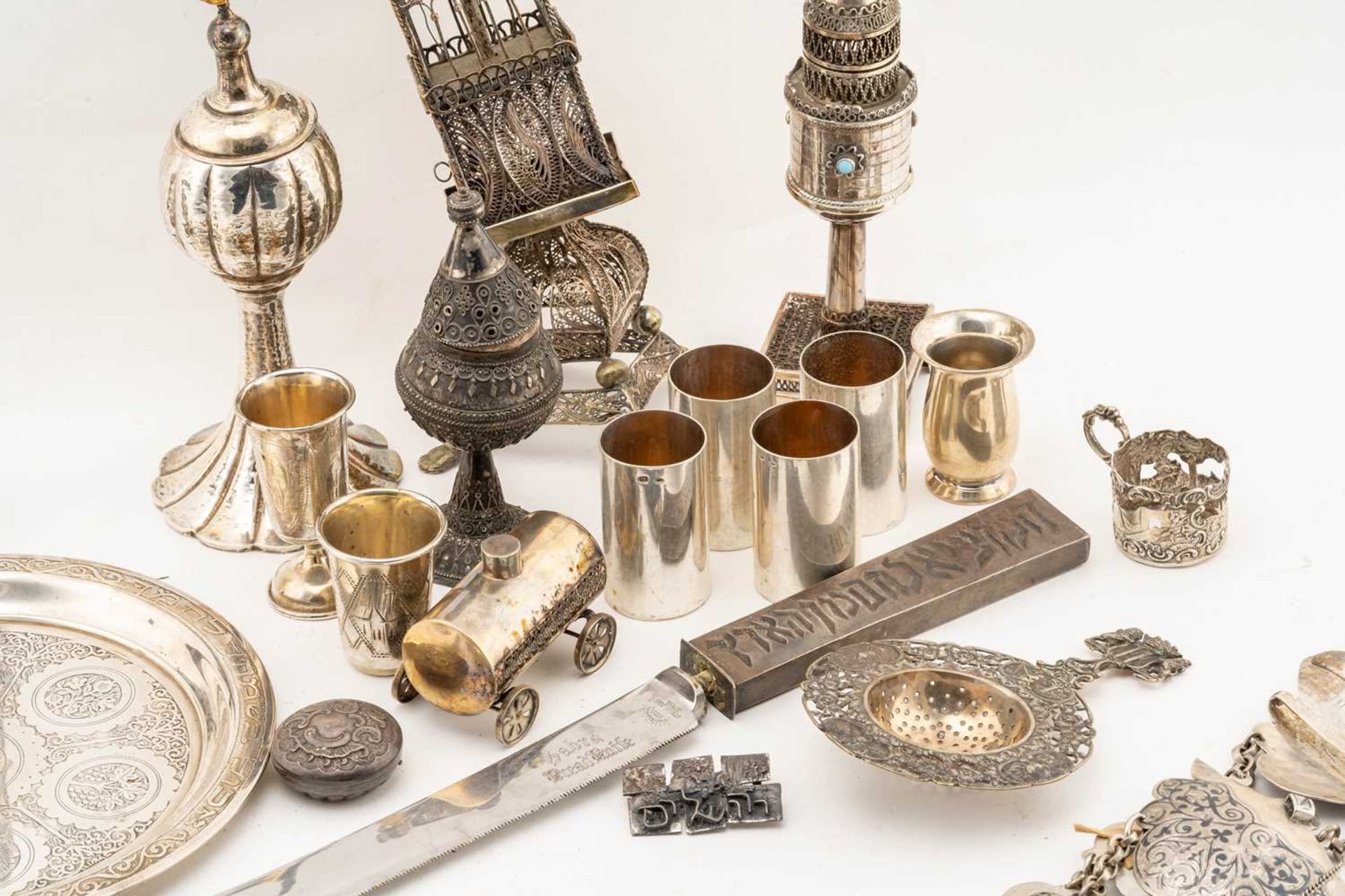 Of Judaica interest; Six turquoise-set kiddish cups, a possibly Russian filigree silver Besamim - Image 9 of 19