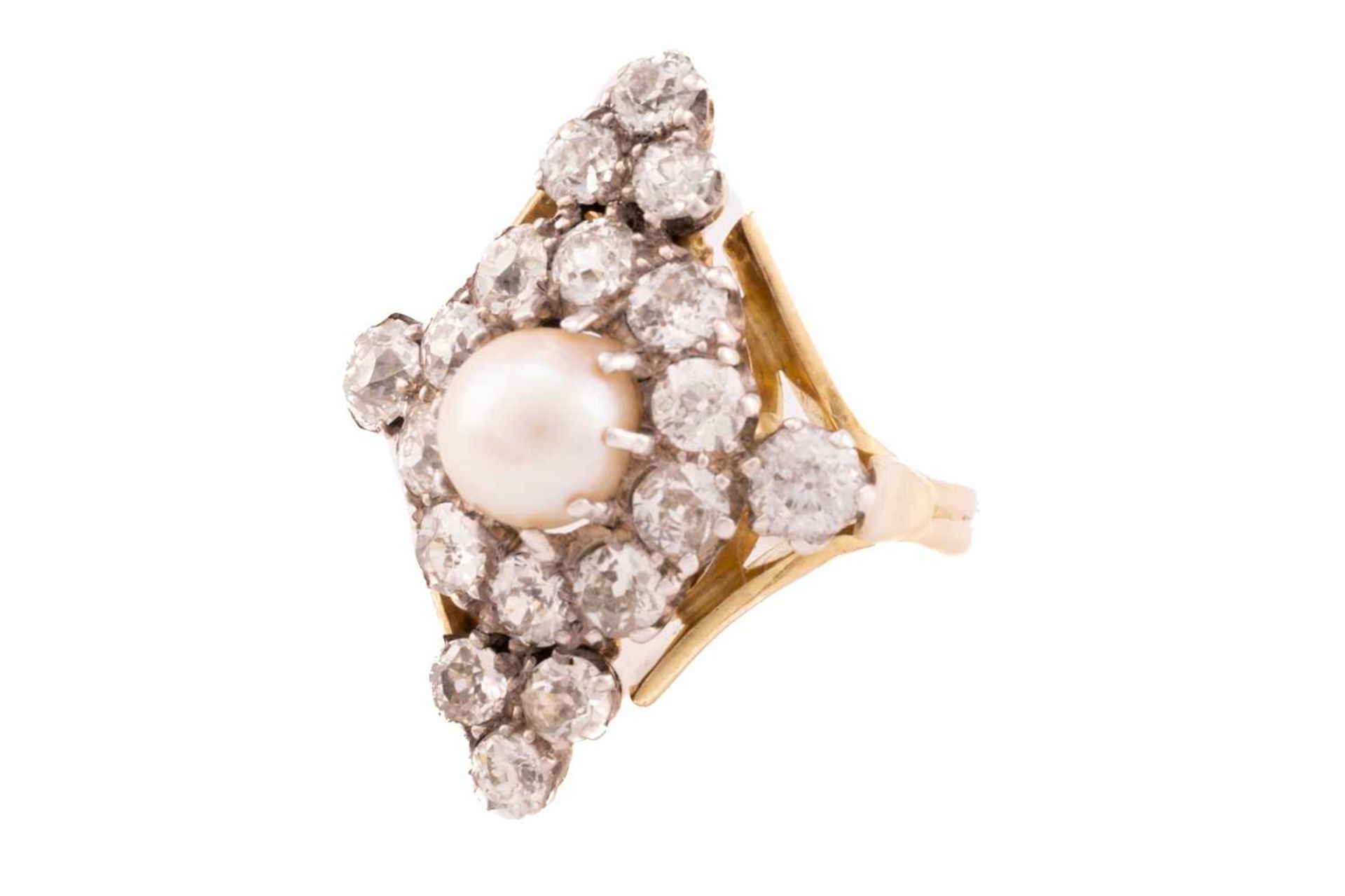 A diamond and pearl cocktail ring, the lozenge panel centred with an off-round pearl of 8.0 mm - Image 3 of 6