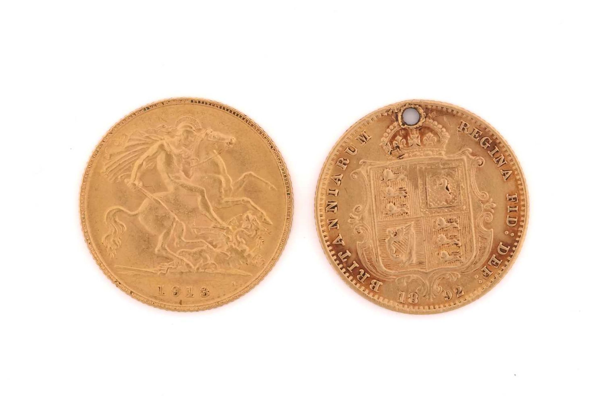 Two gold half sovereigns, comprising a Victorian shield back half sovereign dated 1892 and a - Image 2 of 2