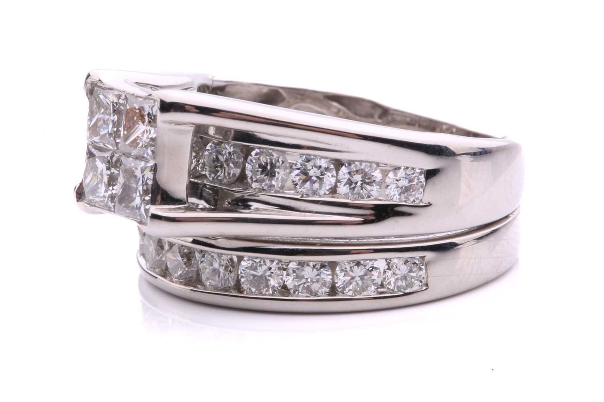 A diamond set bridal set rings, with 4 illusion set princess cut diamonds with an under hoop channel - Image 2 of 8